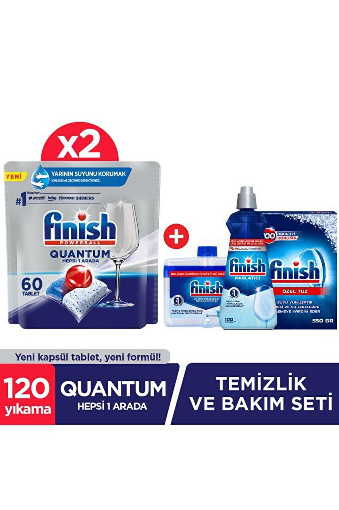 Finish Quantum Ultimate Bulaşık Makinesi Tableti 2x60'lı + Temizlik ve Bakım Seti 