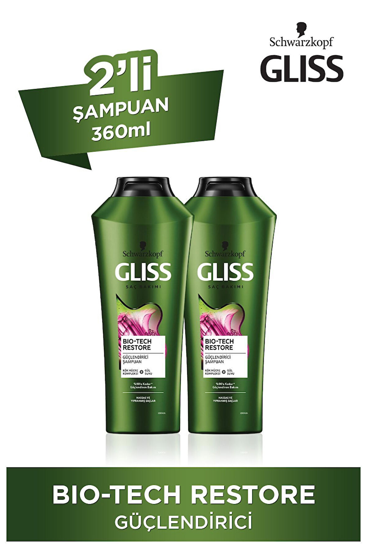 Gliss Bio-Tech Restore Güçlendirici Şampuan- Kök Hücre Kompleksi ve Gül Suyu ile 360 ml x 2 Adet