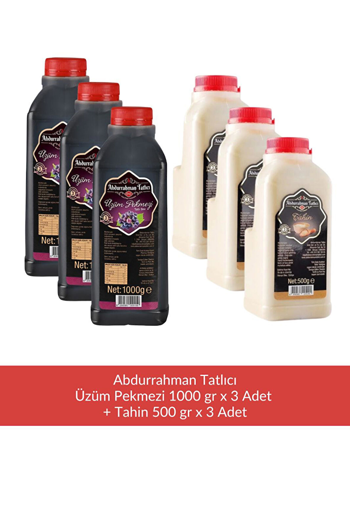 Abdurrahman Tatlıcı Üzüm Pekmezi 1000 gr x 3 Adet + Abdurrahman Tatlıcı Tahin 500 gr x 3 Adet