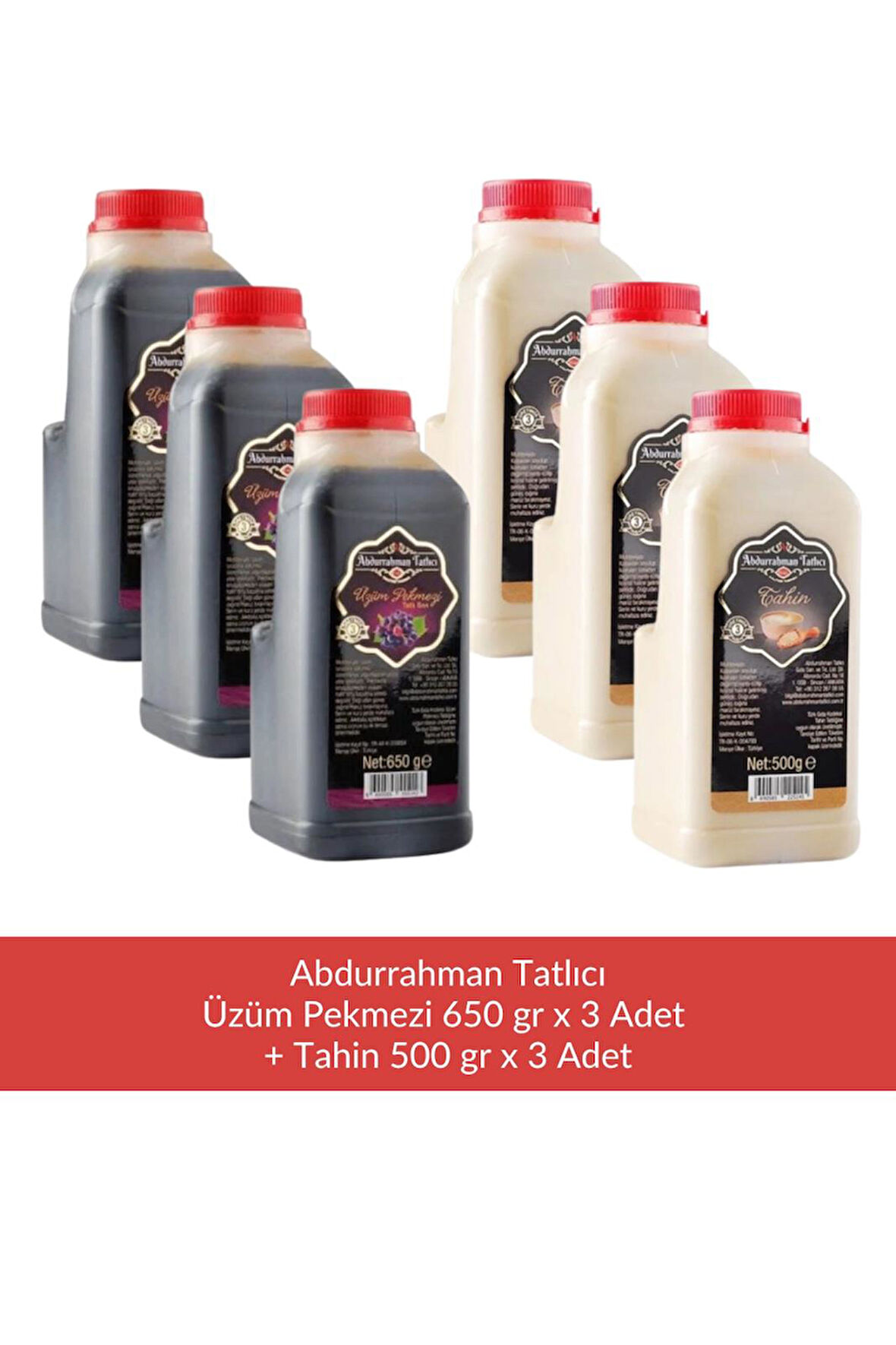 Abdurrahman Tatlıcı Üzüm Pekmezi 650 gr x 3 Adet + Abdurrahman Tatlıcı Tahin 500 gr x 3 Adet