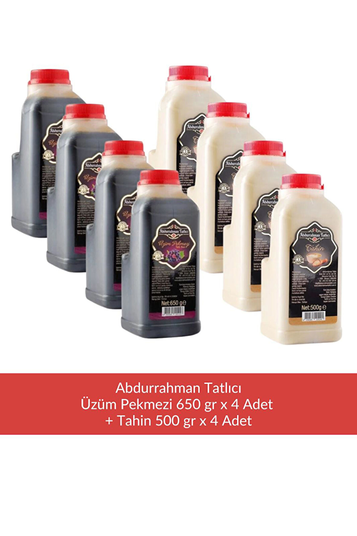 Abdurrahman Tatlıcı Üzüm Pekmezi 650 gr x 4 Adet + Abdurrahman Tatlıcı Tahin 500 gr x 4 Adet