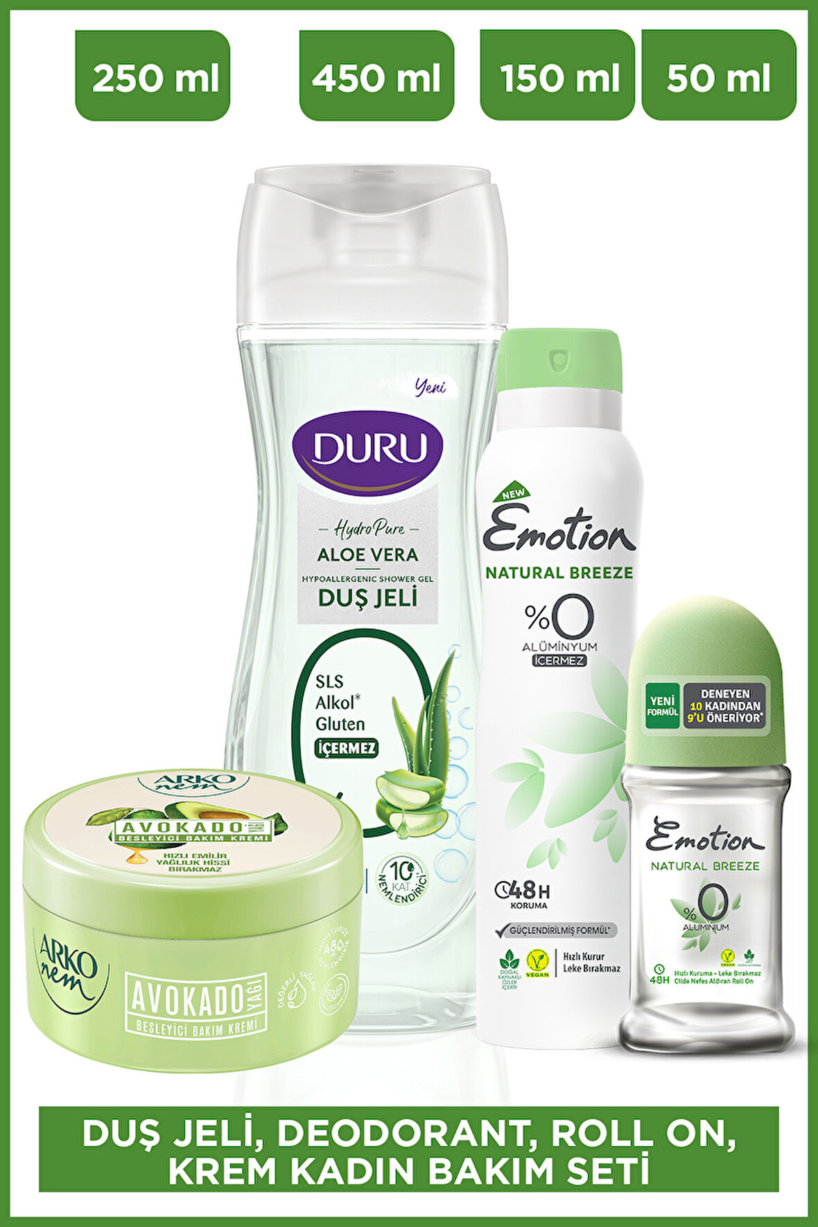 Duş Jeli,Deodorant, Roll On, Krem Kadın Bakım Seti