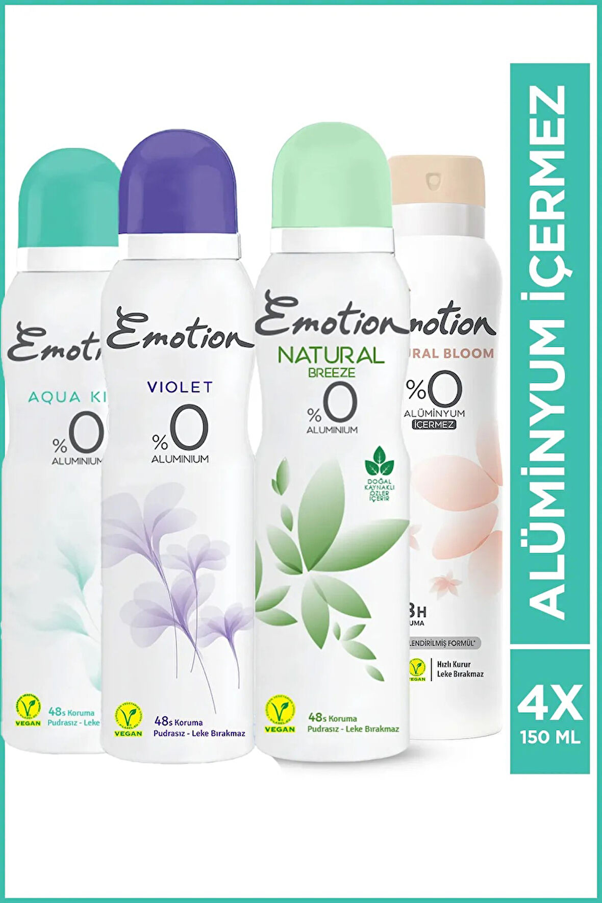 Emotion Kadın Deodorant 150 Ml 4'lü Set (Natural Bloom & Breeze, Aqua, Violet)