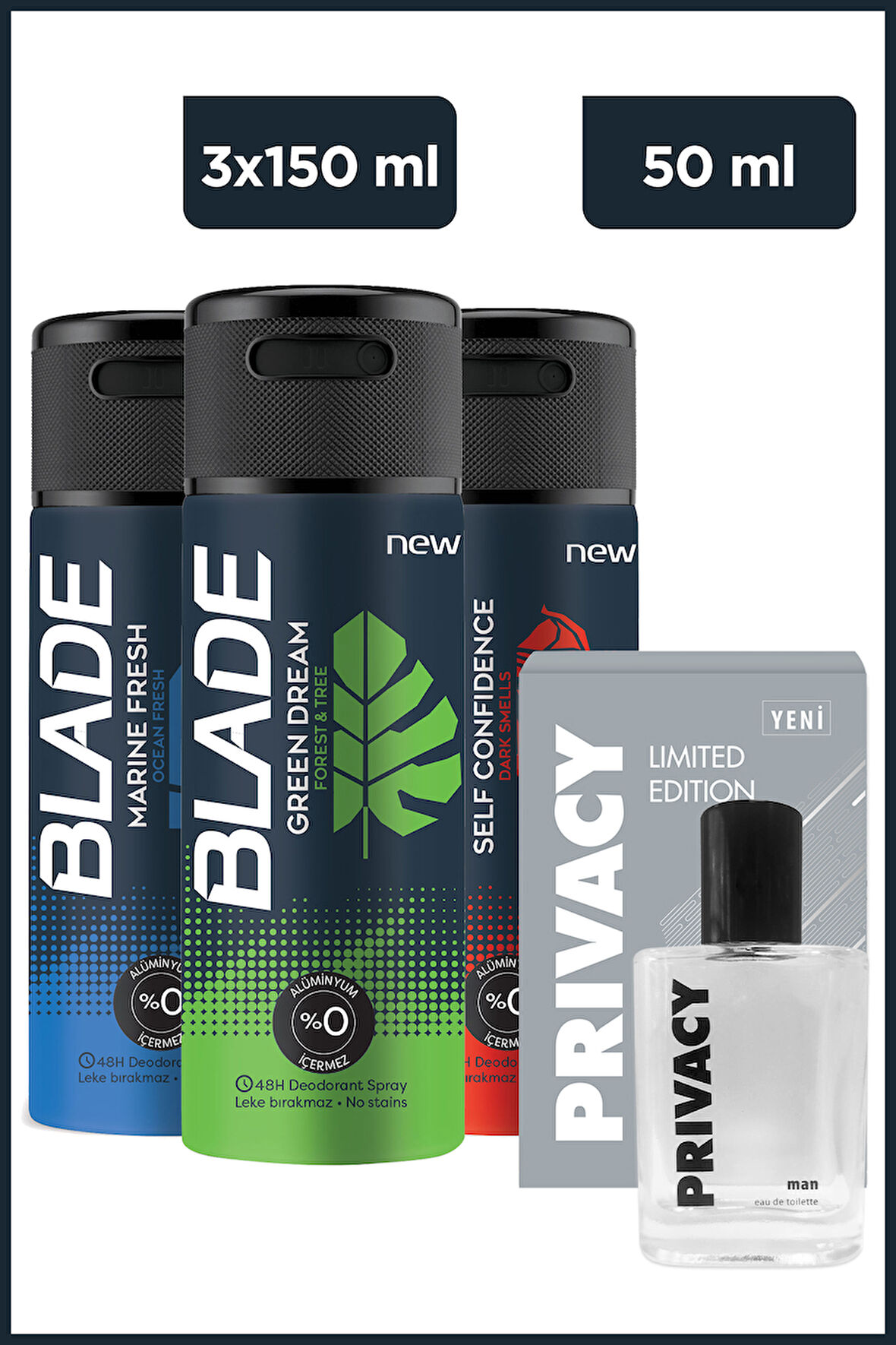 Privacy Men Limited Edt 50 Ml&Blade Green Dream,MarineFresh,Self Confidence Erkek Deodorant  3x150Ml