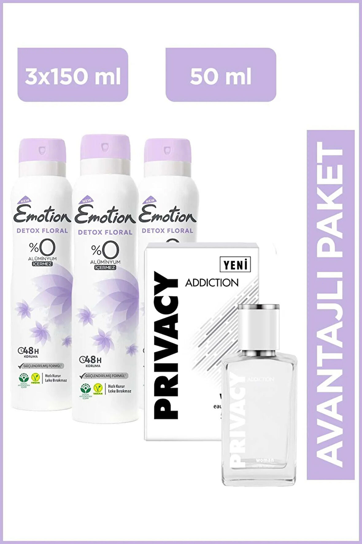 Woman Addiction Edt Kadın Parfüm 50ml & Emotion Detox Floral Kadın Dedodorant 3x150ml
