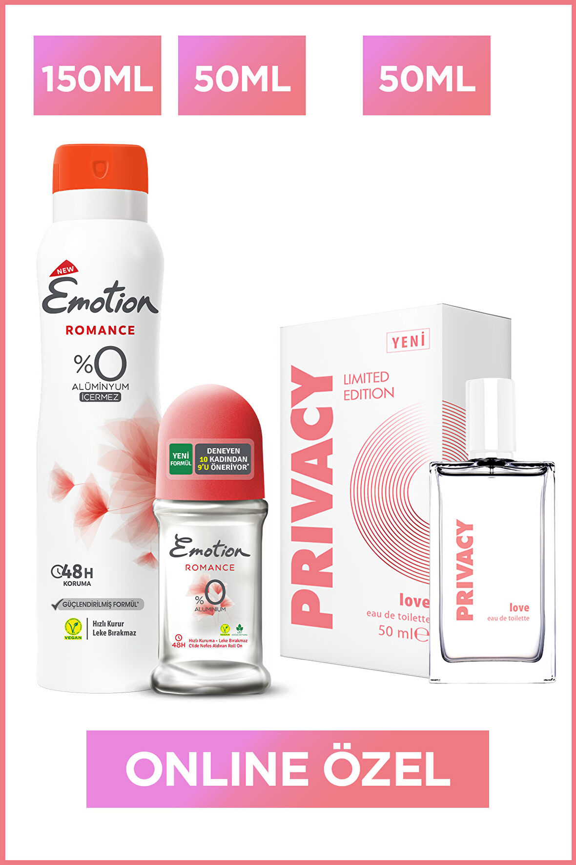 Privacy Love Edt Kadın Parfüm 50 Ml + Emotion Romance Kadın Deodorant 150 Ml & Roll on 50 Ml