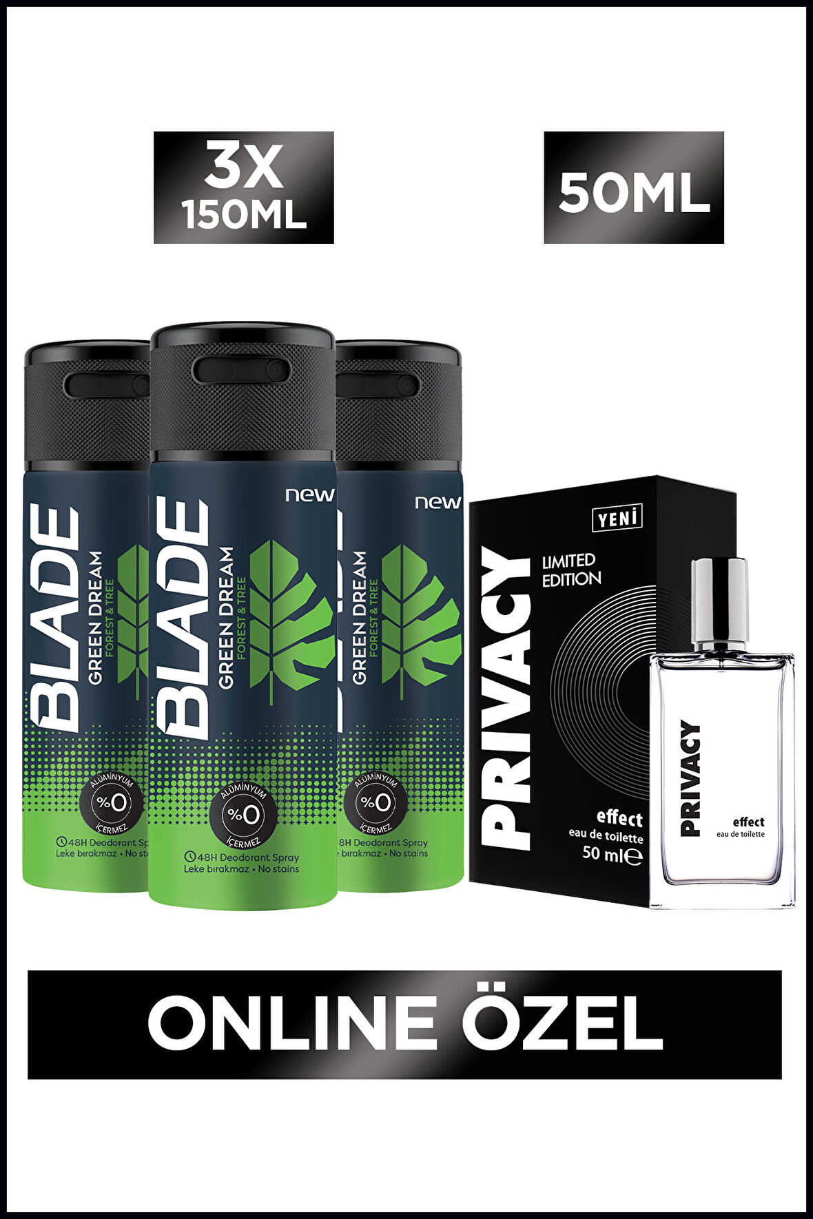 Privacy Effect Edt Erkek Parfüm 50 Ml + Blade Green Dream Erkek Deodorant 3x150 Ml