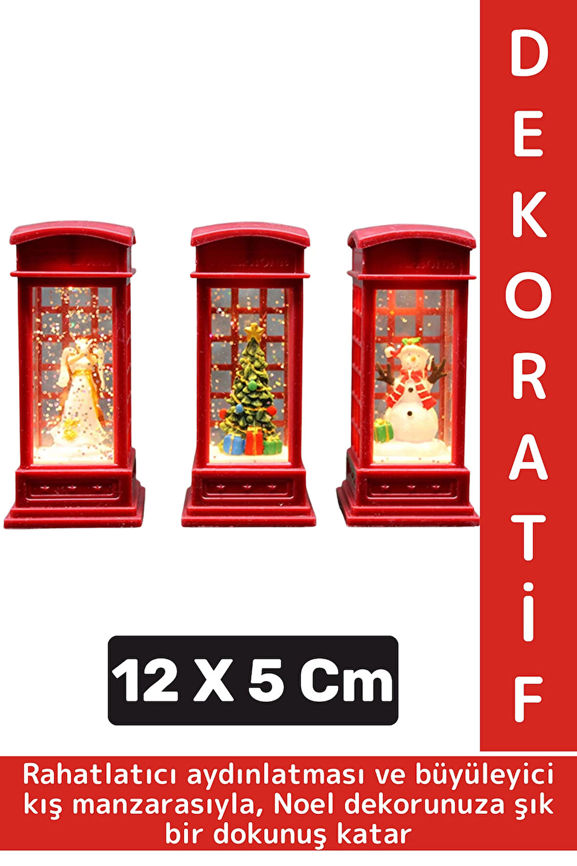 Dekoratif Hediyelik Ev Ofis Christmas Yılbaşı Noel Tema Telefon Kulübeli Işıklı Kar Küresi 12 X 5 Cm
