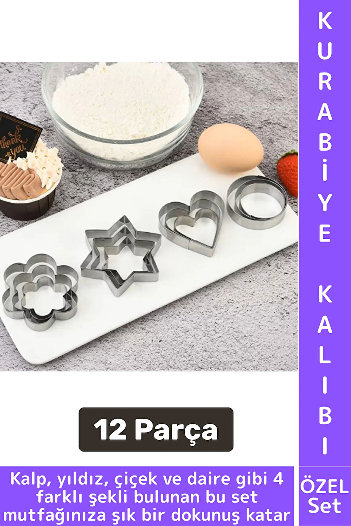 Yanmaz Yapışmaz Şık Yıldız Daire Çiçek Kalp Tasarım Mutfak Omlet Kek Kurabiye Kalıbı Seti 12 Parça