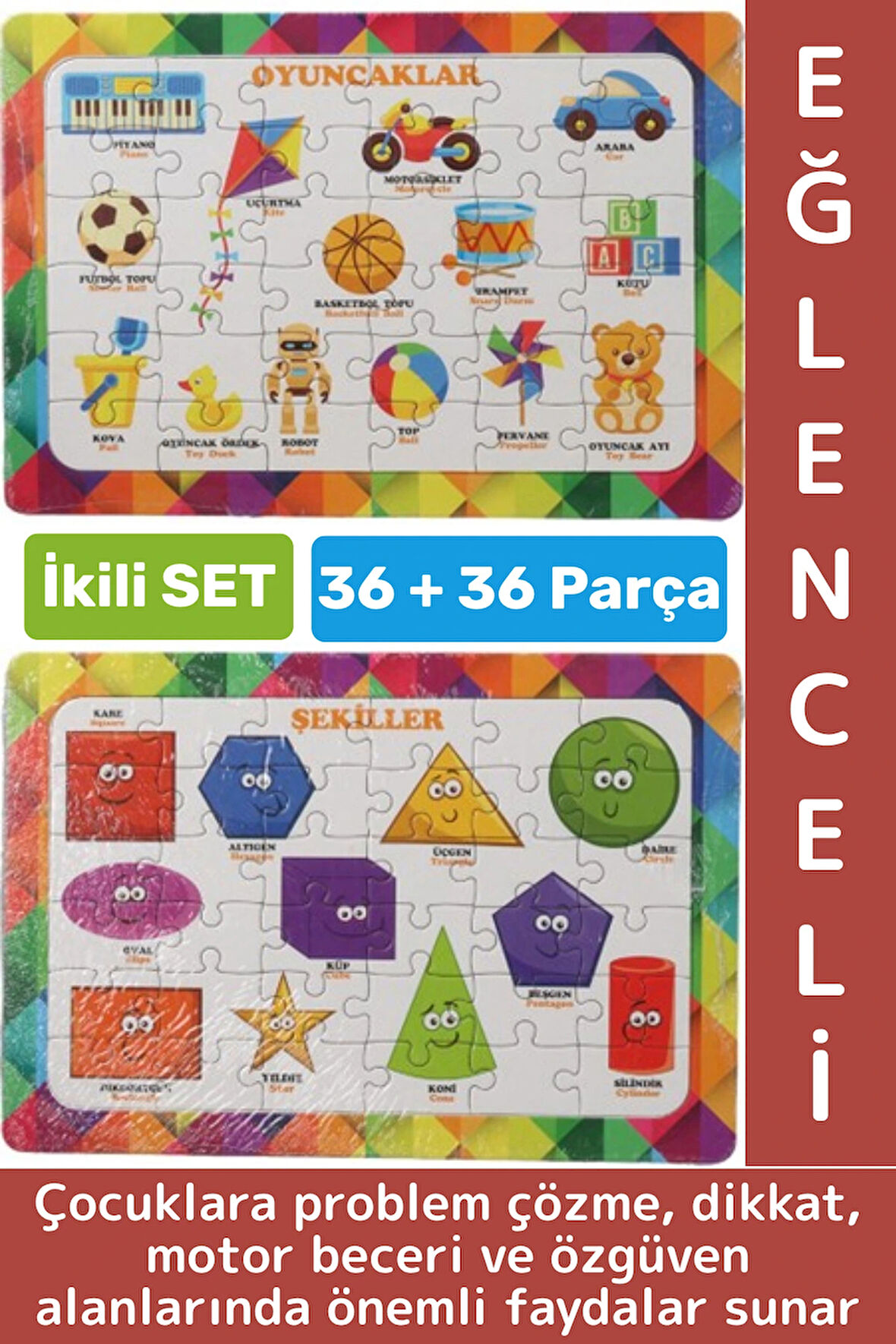 Eğlenceli Motor Zihinsel Beceri Geliştiren Eğitici Çocuk Puzzle Oyuncaklar Şekiller İkili SET 36 Prç