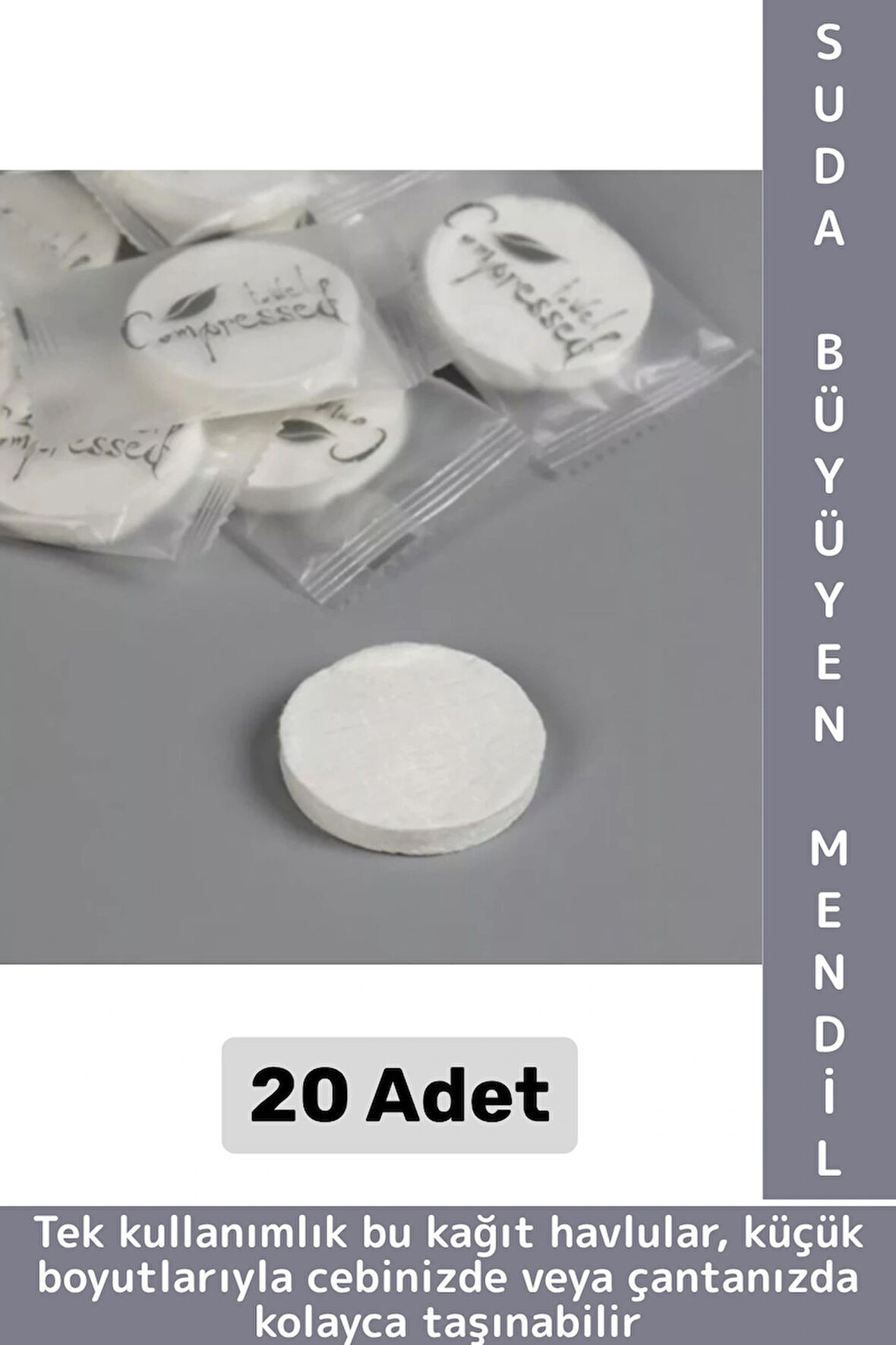 Gündelik Cep Çanta Boy Ofis Seyahat Hijyenik Tek Kullanım Suda Büyüyen Sıkıştırılmış Mendil 20 Adet