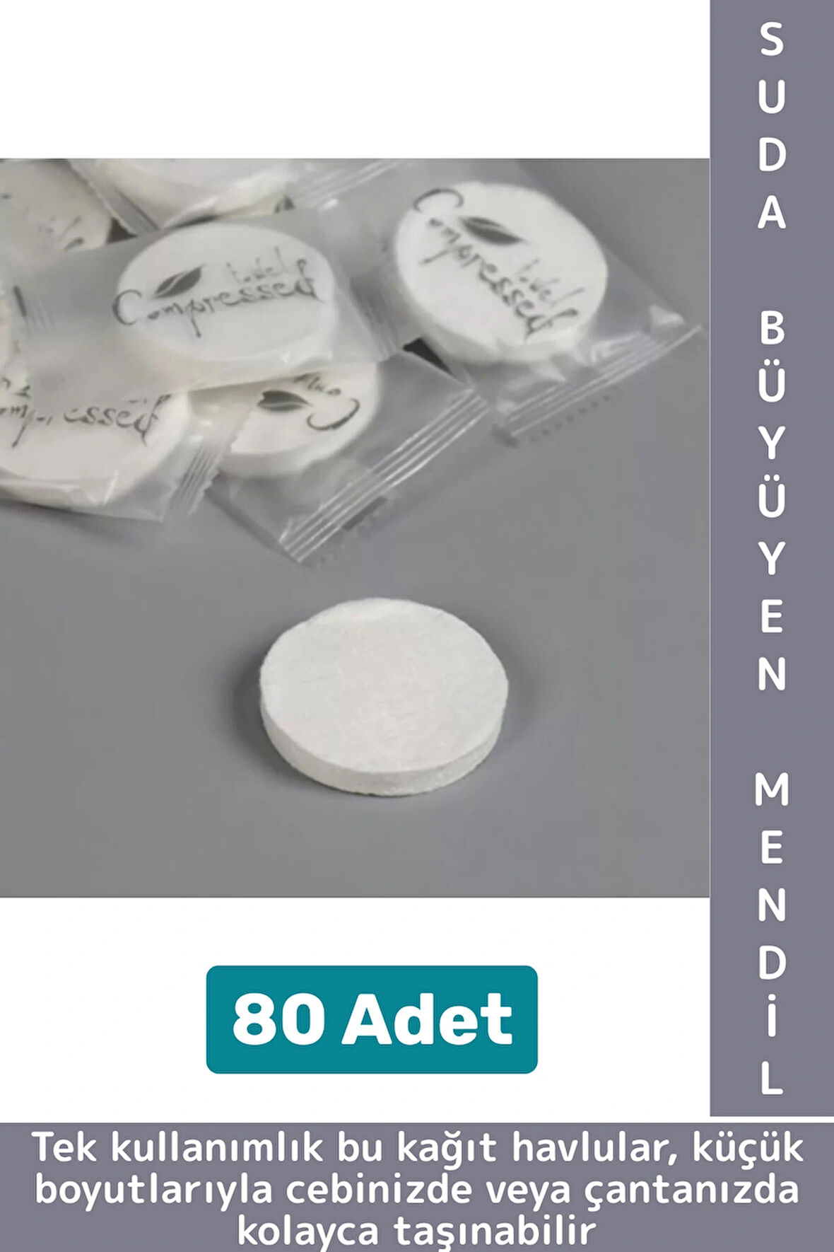Gündelik Cep Çanta Boy Ofis Seyahat Hijyenik Tek Kullanım Suda Büyüyen Sıkıştırılmış Mendil 80 Adet