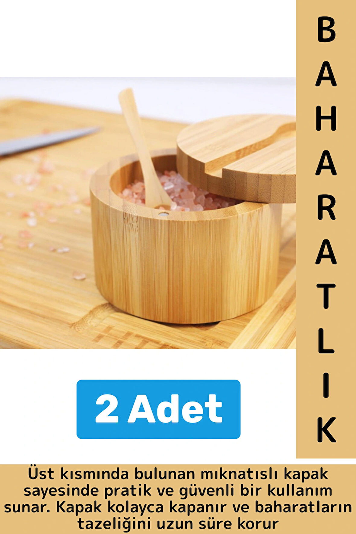 Dayanıklı Mutfak Mıknatıslı Kapak Hijyenik Çok Şık Doğal Ahşap Kaşıklı Baharatlık Kaşık Seti 2 Adet