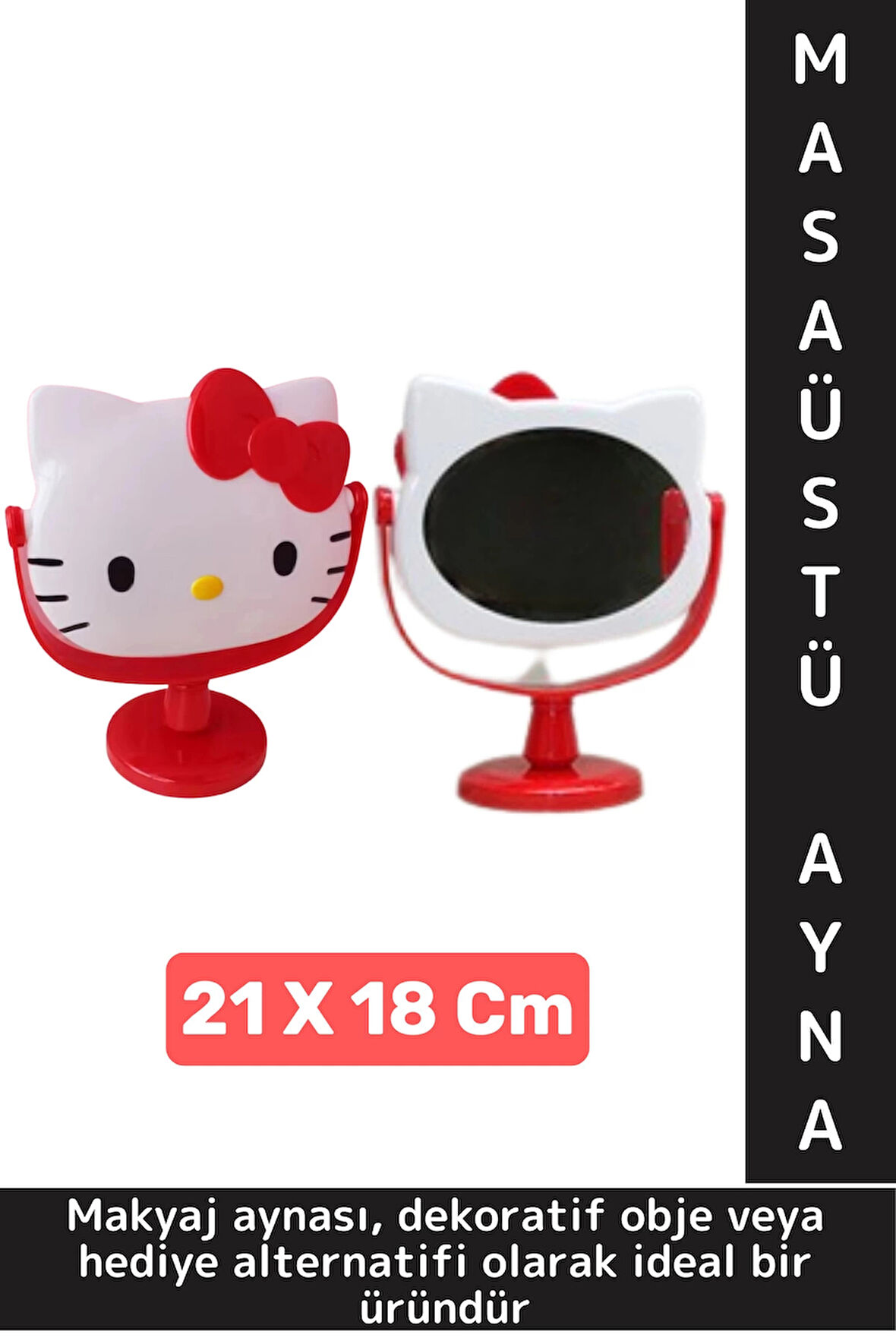 Dekoratif Hediye Sevimli Figür Hello Kitty Tasarımlı Komodin Makyaj Masası Masa Üstü Ayna 21 X 18 Cm