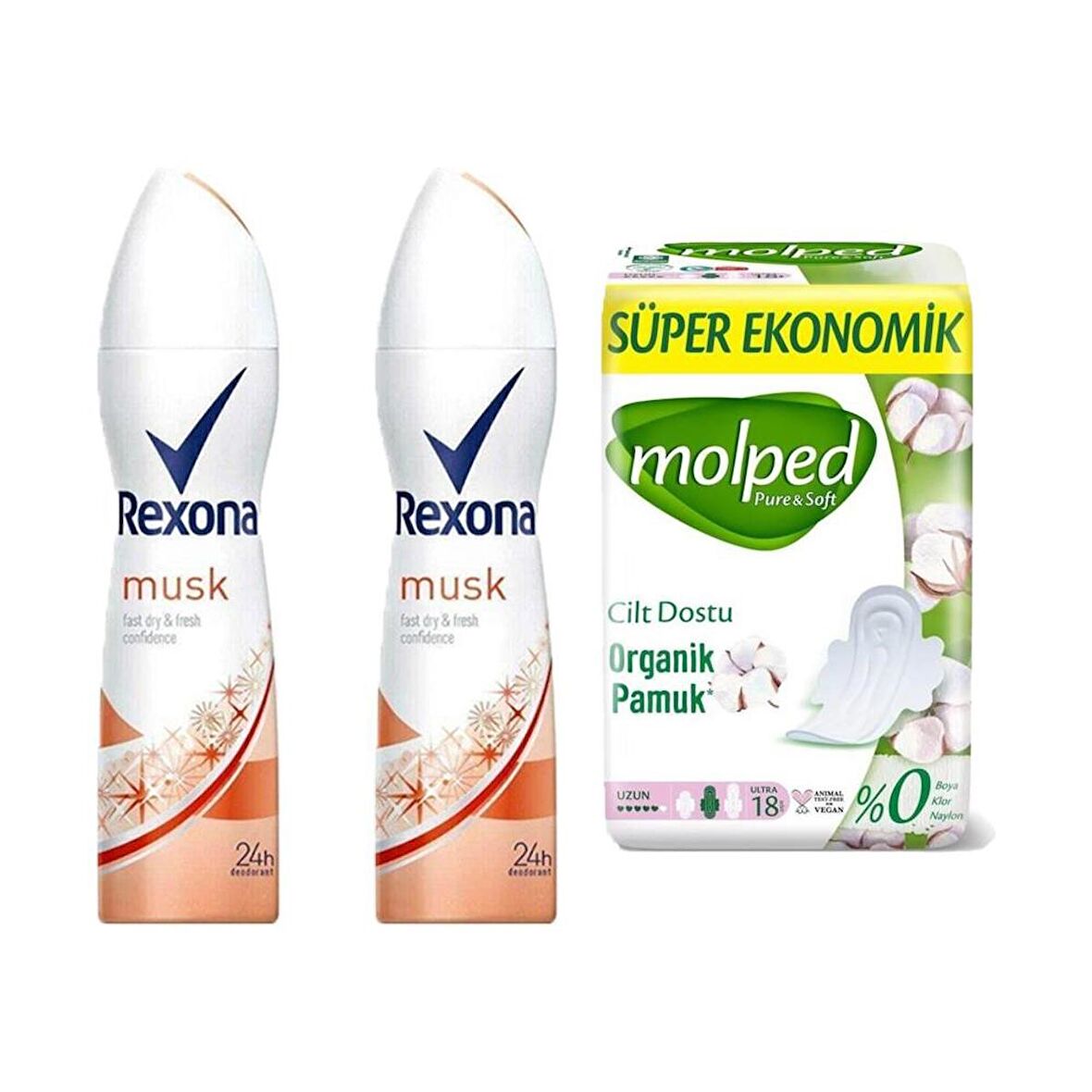 Rexona Kadın Deodorant Sprey Musk 150 ml X2 Adet + Molped Pure Soft Ultra Hijyenik Uzun 18li Ped 2li Set