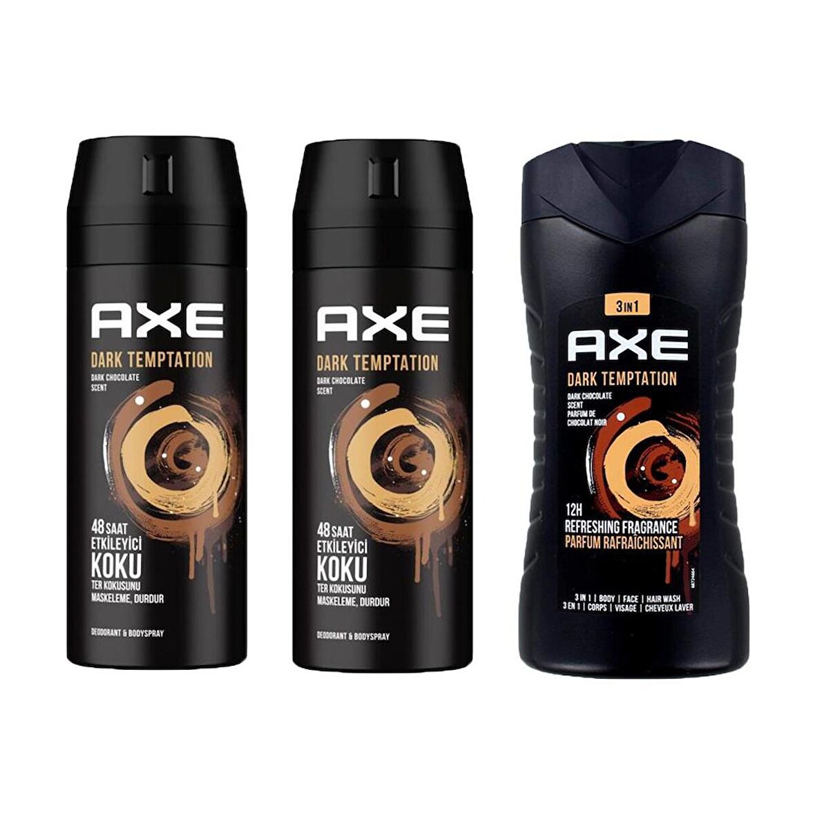 Axe Dark Temptation Erkek Sprey Deodorant 150ML X2 Adet + Dark Temptation 3in1 Erkek Duş Jeli 250ML 3lü Set