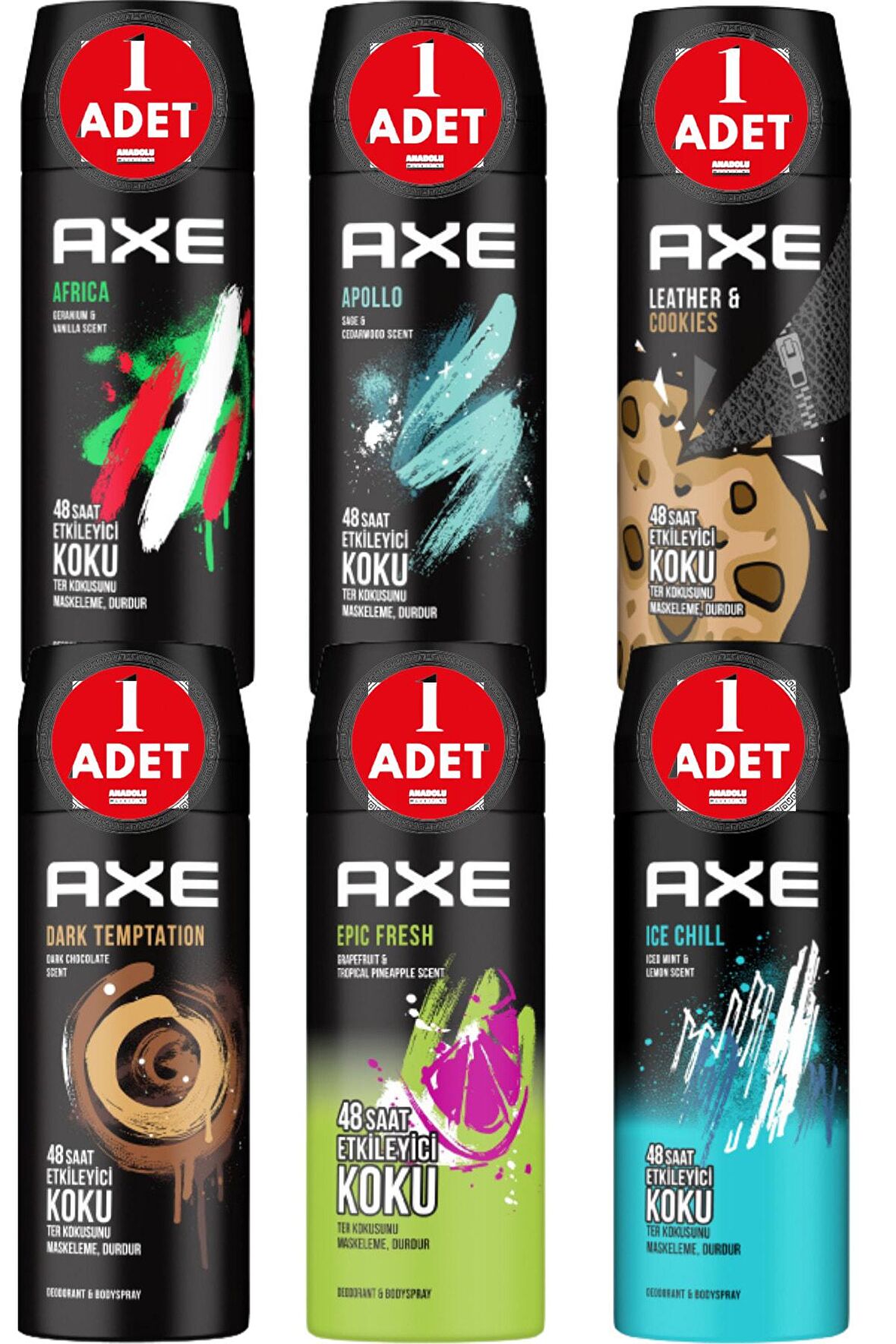 Erkek Deodorant Sprey 150 Ml Ice Chill+Apollo+Africa+Dark Temptation+Epic Fresh+Leather&Cookies