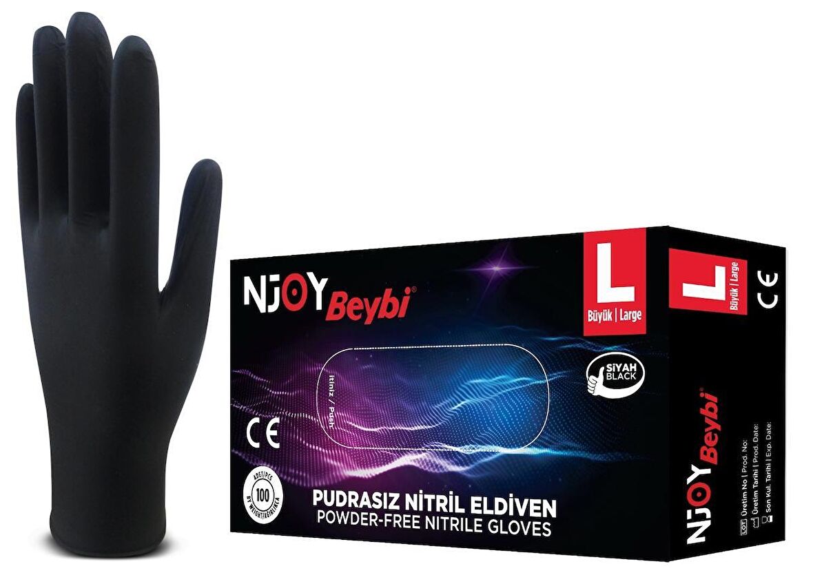 Beybi Njoy Nitril Eldiven Pudrasız Siyah Large 100'lü