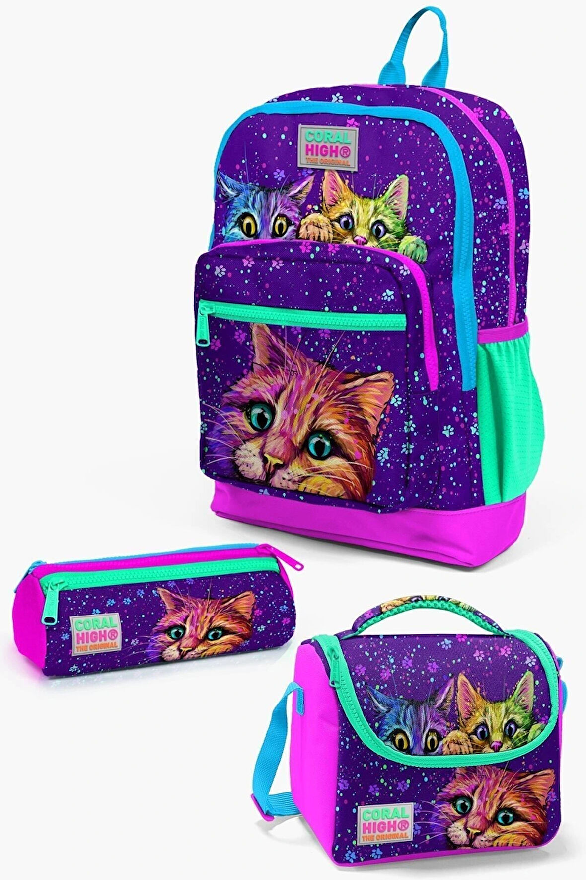 Kids 23732 Mor Pembe Kedi Desenli 3’lü Okul Çanta Seti