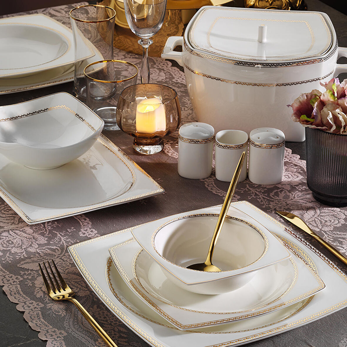 Aryıldız Bone Square Line Gold 12 Kişilik 60 Parça Yemek Takımı
