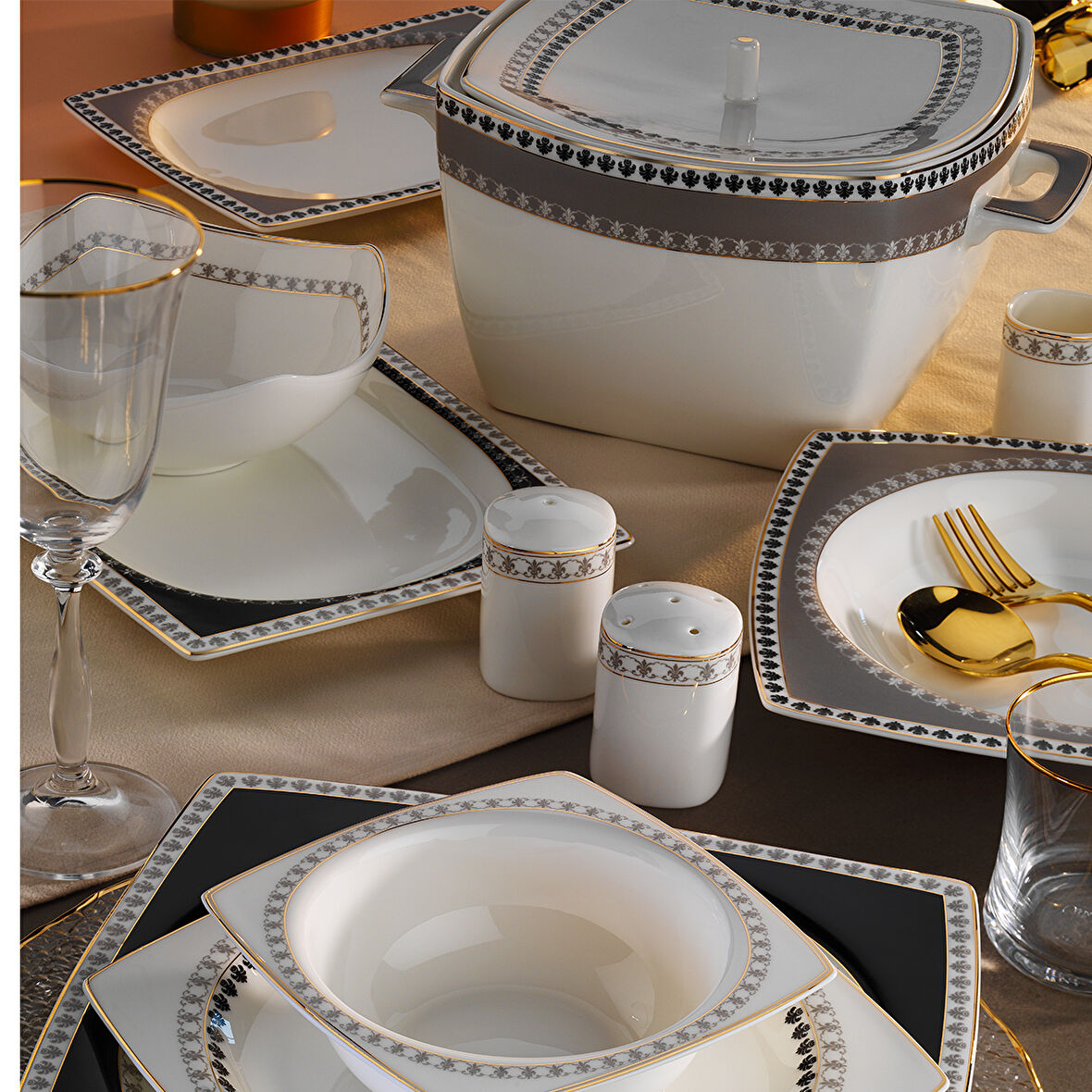 Aryıldız Bone Square Ahenk 60 Parça 12 Kişilik Yemek Takımı