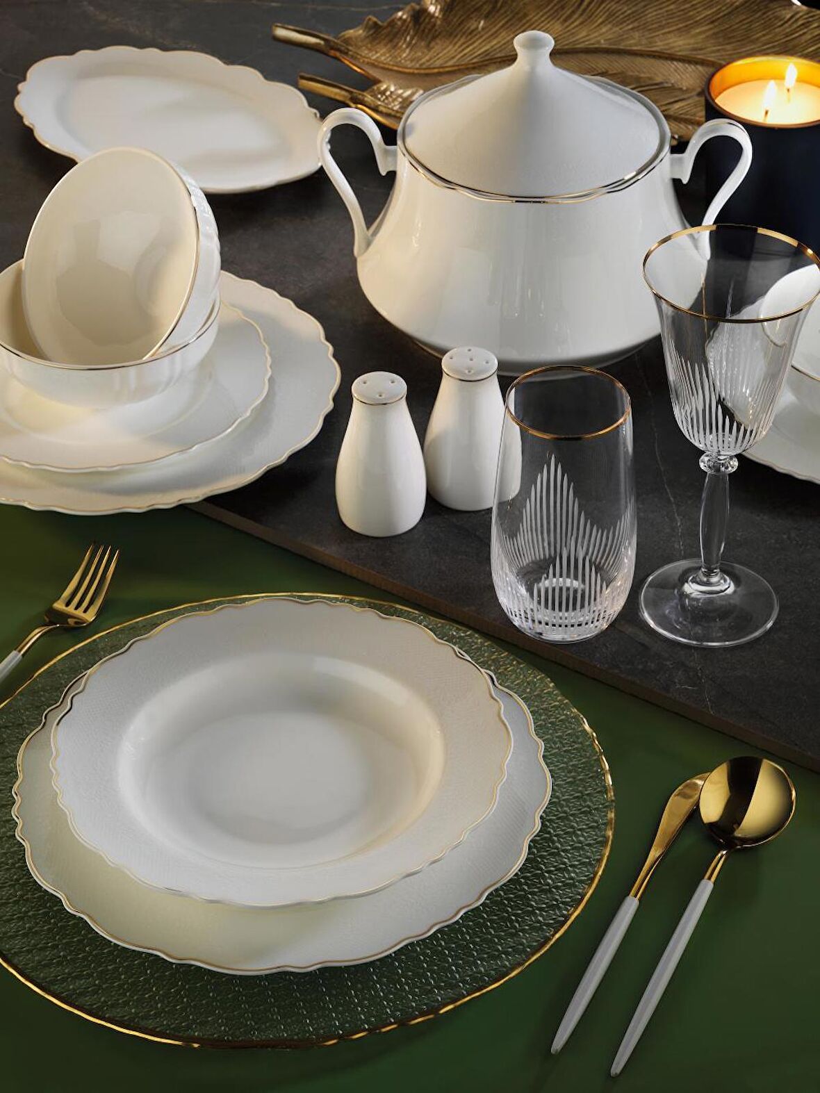 Aryıldız Ar34019 Bone Porselen Wave 60 Parça Yemek Takımı Gold 