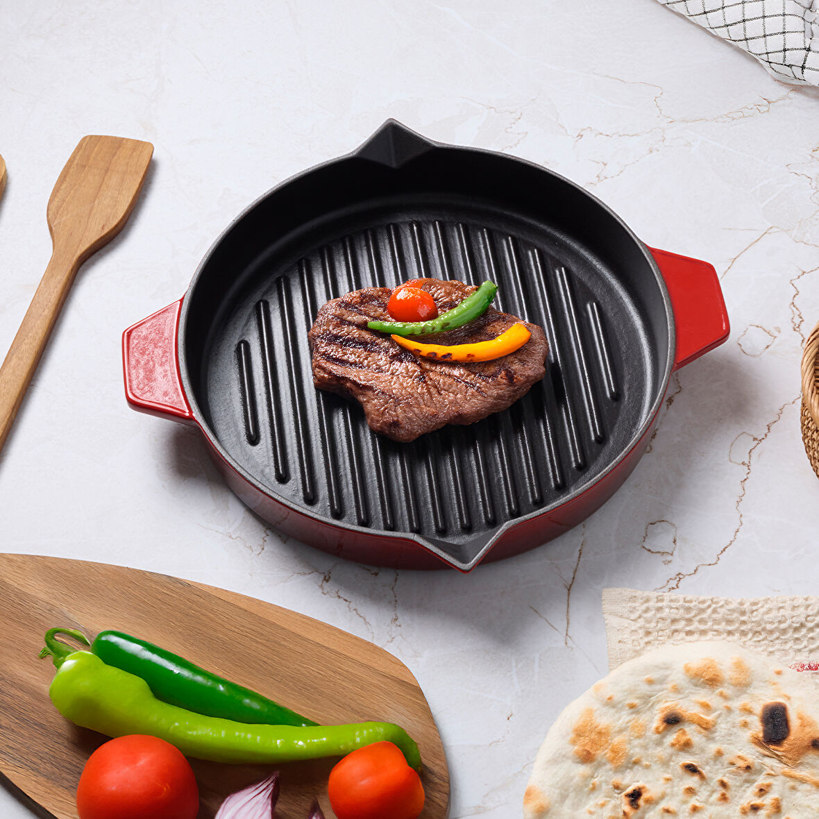 Aryıldız Duo Cast Bombe Grill Tava Kırmızı 30 cm