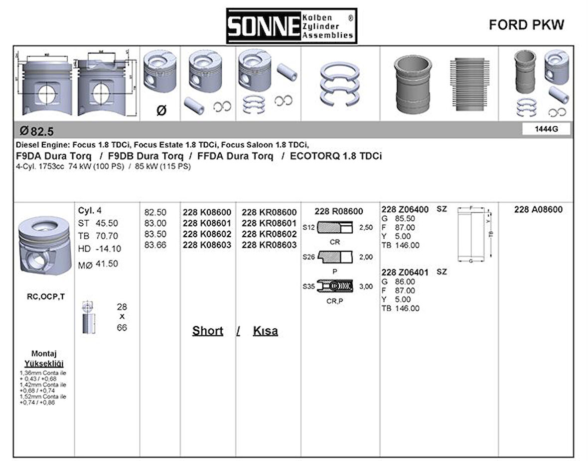 Ford Motor Piston+segman (82,50mm) / (std) Connect 1,8tdci 90ps 02 /> Focus 1,8tdci (98 05) 90ps - Sonne 228kr08600