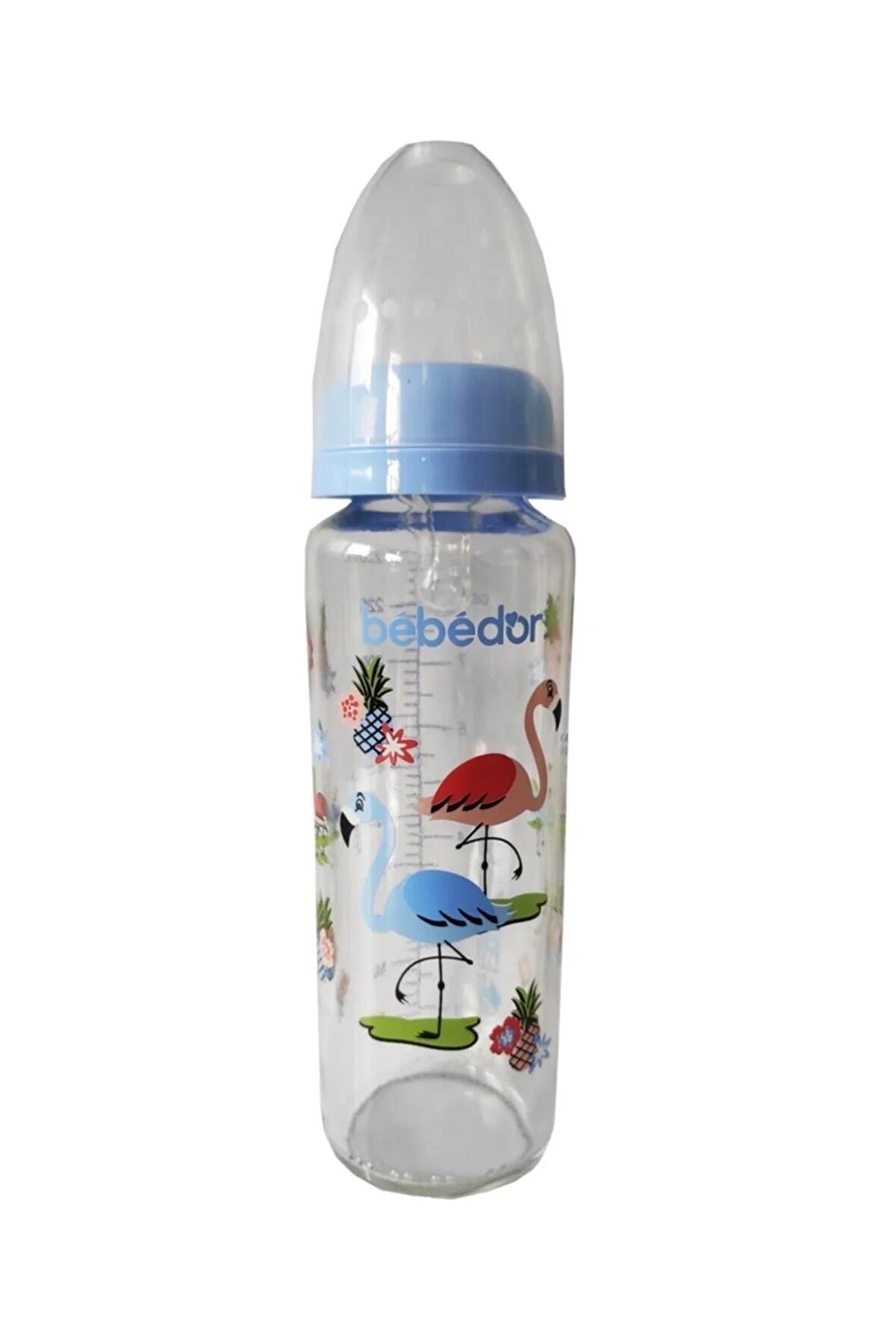Desenli Cam Biberon Silikon Emzikli Orta Akış Mavi 250 Ml Kod: 31302