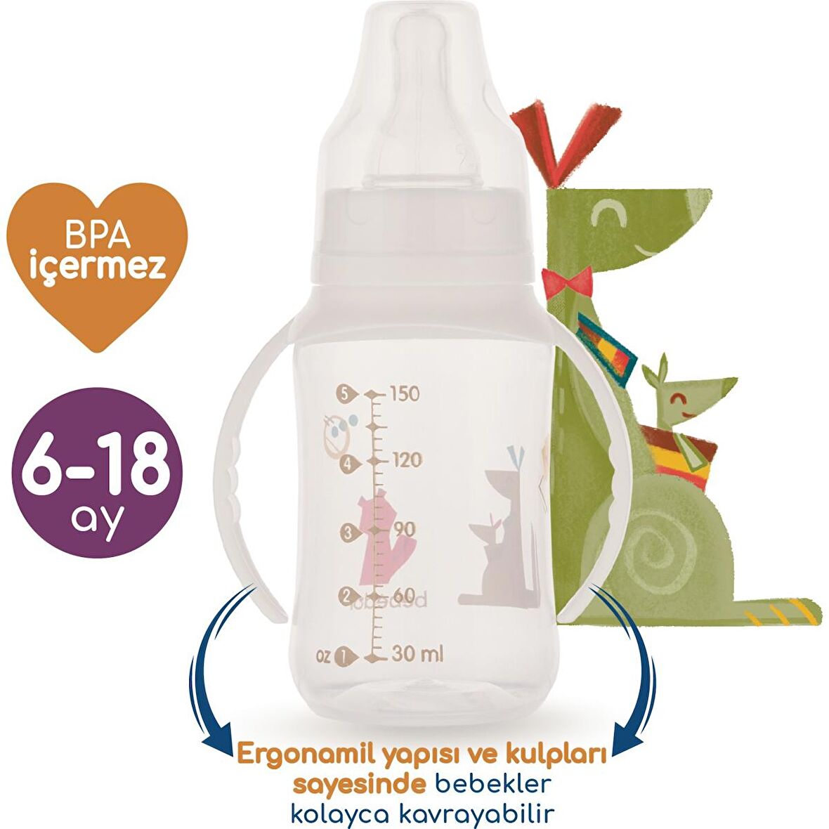 Bebedor Silikon Emzikli Desenli Kulplu Biberon 150 ML