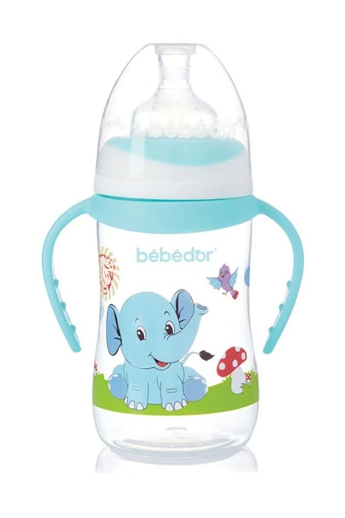 Desenli Geniş Ağız Kulplu Biberon 250 ml Turkuaz