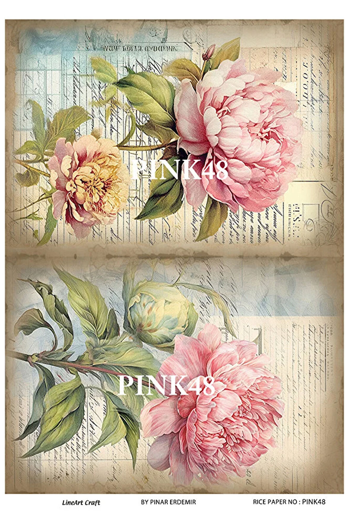 Pink Serisi PINK48 Pembe, Çiçek Desenli Pirinç Dekopaj 30x42