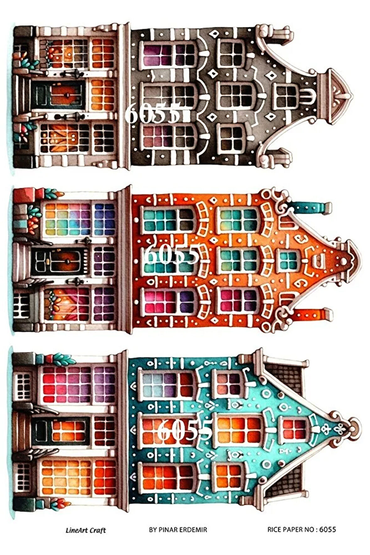 6055 Renkli Evler Desenli Pirinç Dekopaj 30x42