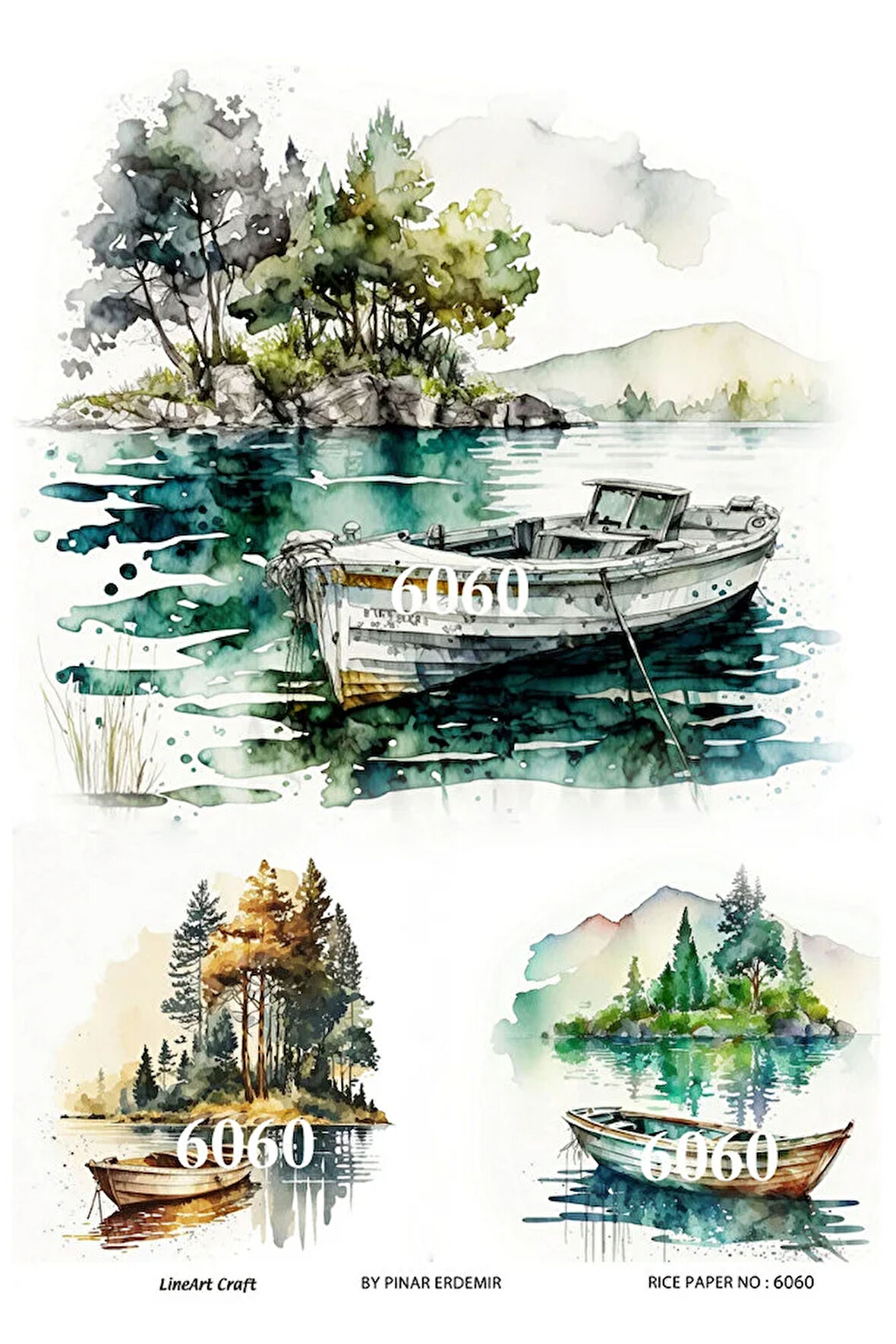 6060 Göl, Sandal, Manzara, Doğa Desenli Pirinç Dekopaj 30x42