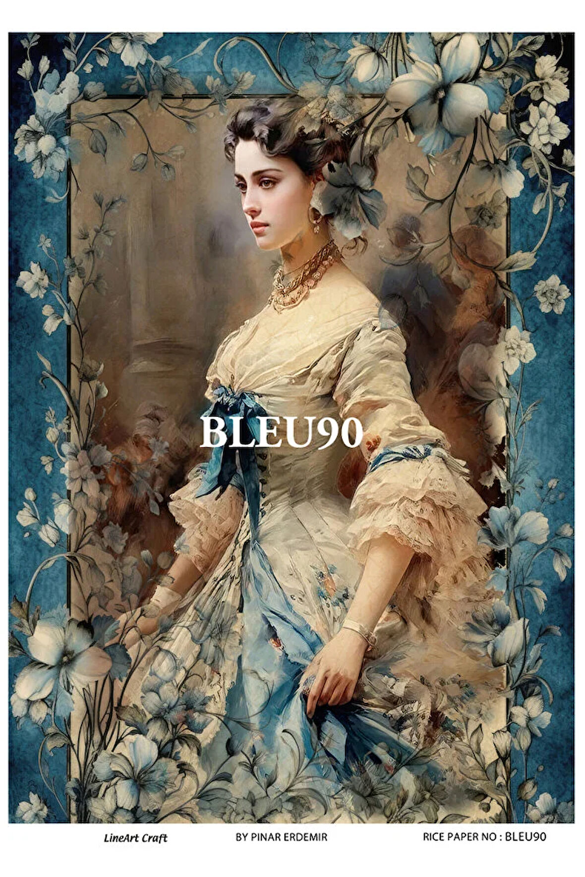 BLEU90 Mavi Beyaz, Çini, Yuvarlak Pirinç Dekopaj 30x42