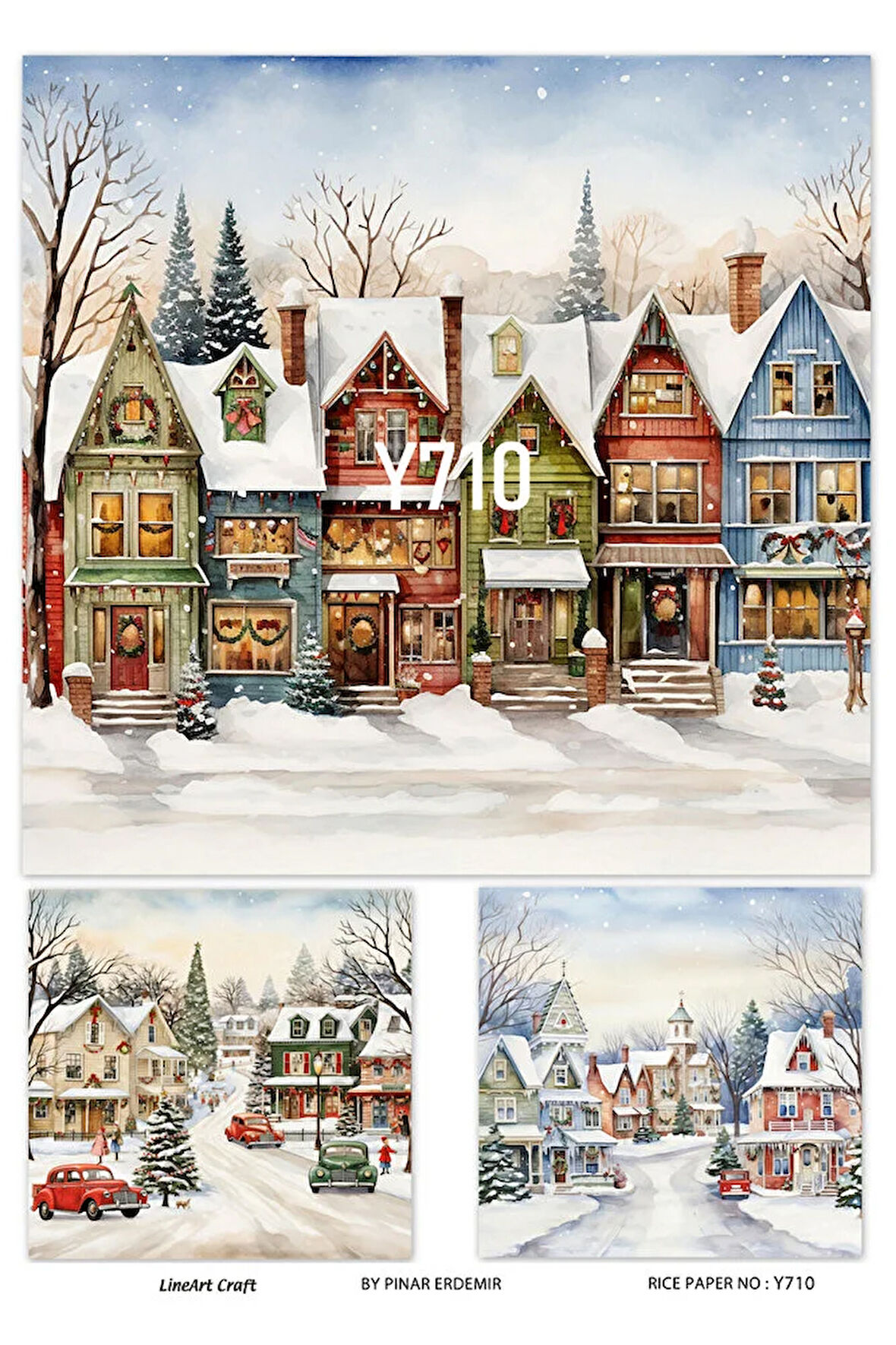 Y710 Kar Manzarası, Evler Desenli Pirinç Dekopaj 30x42