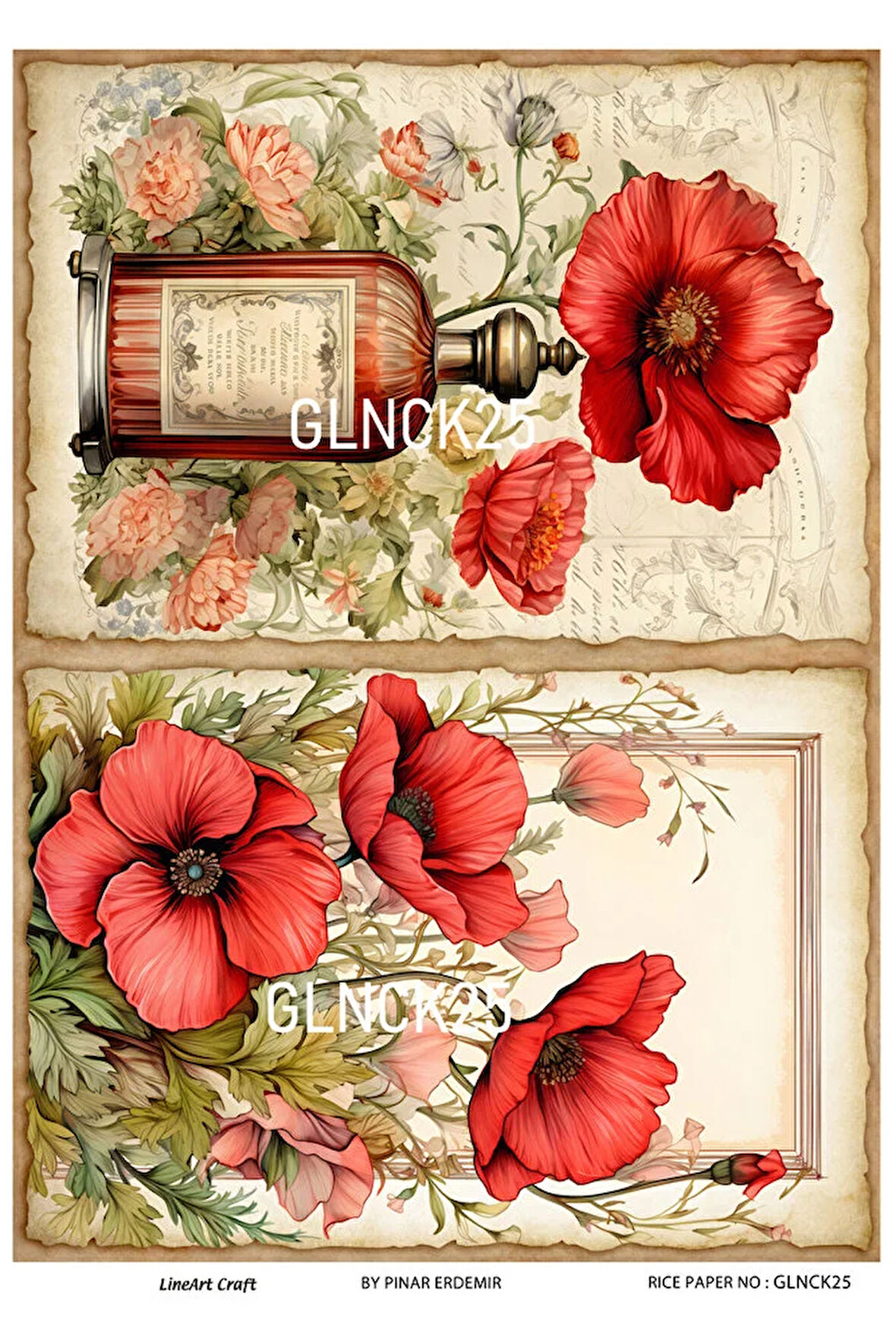 Gelincik Serisi GLNCK25 Gelincik, Çiçek, Kırmızı Desen Pirinç Dekopaj 30x42