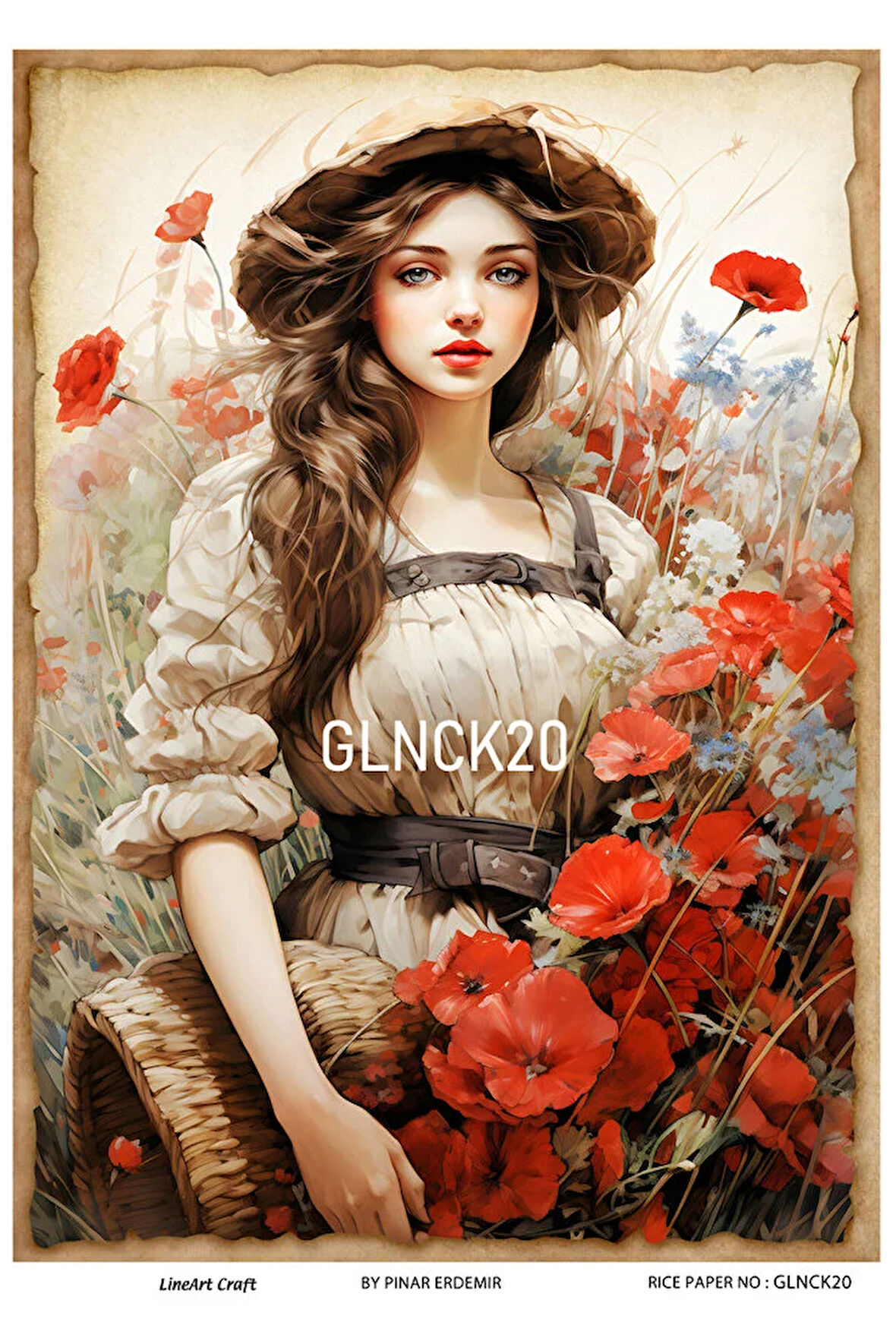 Gelincik Serisi GLNCK20 Gelincik, Çiçek, Kırmızı Desen Pirinç Dekopaj 30x42