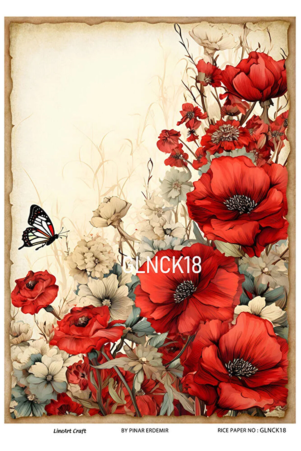 Gelincik Serisi GLNCK18 Gelincik, Çiçek, Kırmızı Desen Pirinç Dekopaj 30x42