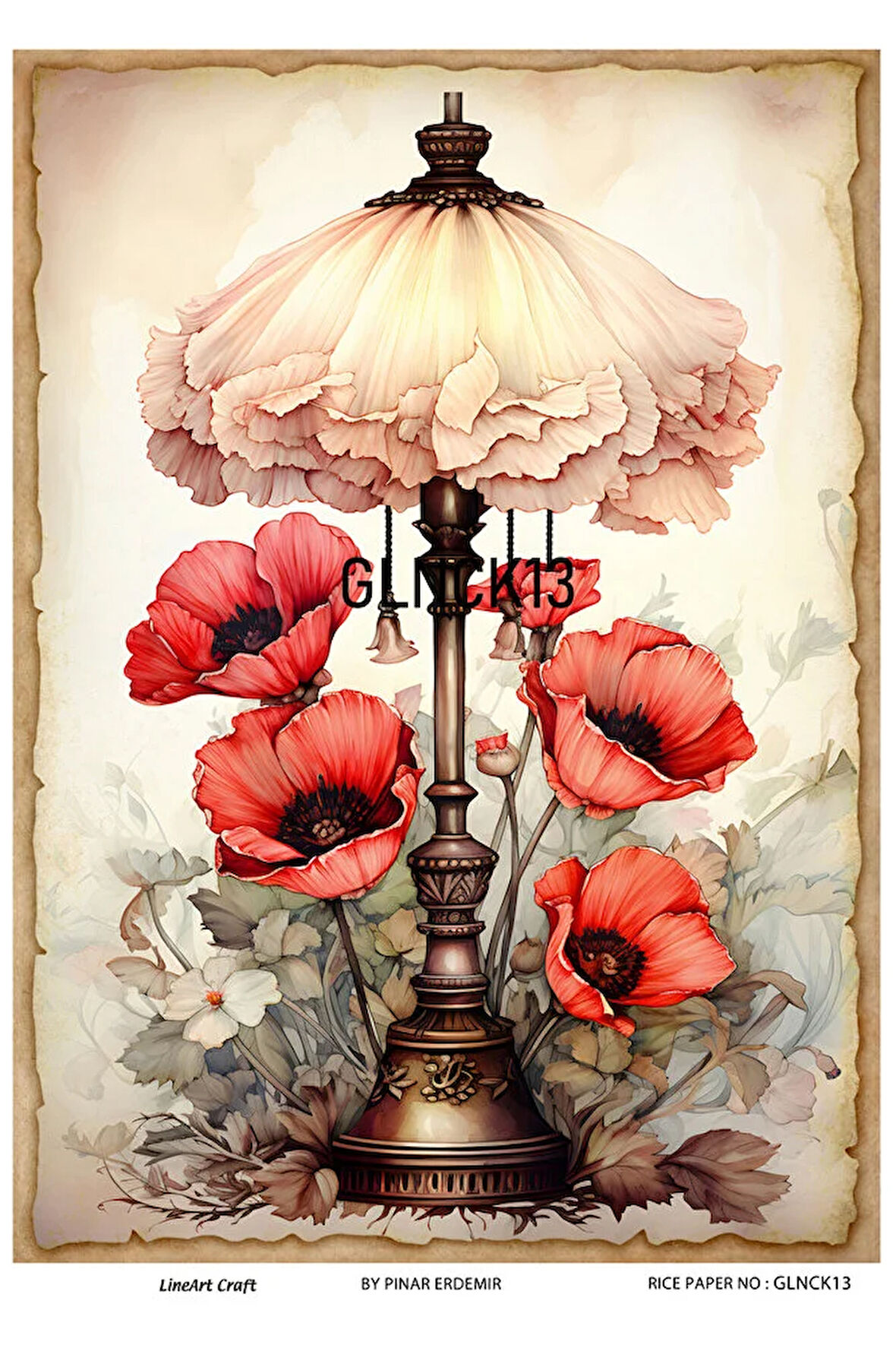Gelincik Serisi GLNCK13 Gelincik, Çiçek, Kırmızı Desen Pirinç Dekopaj 30x42