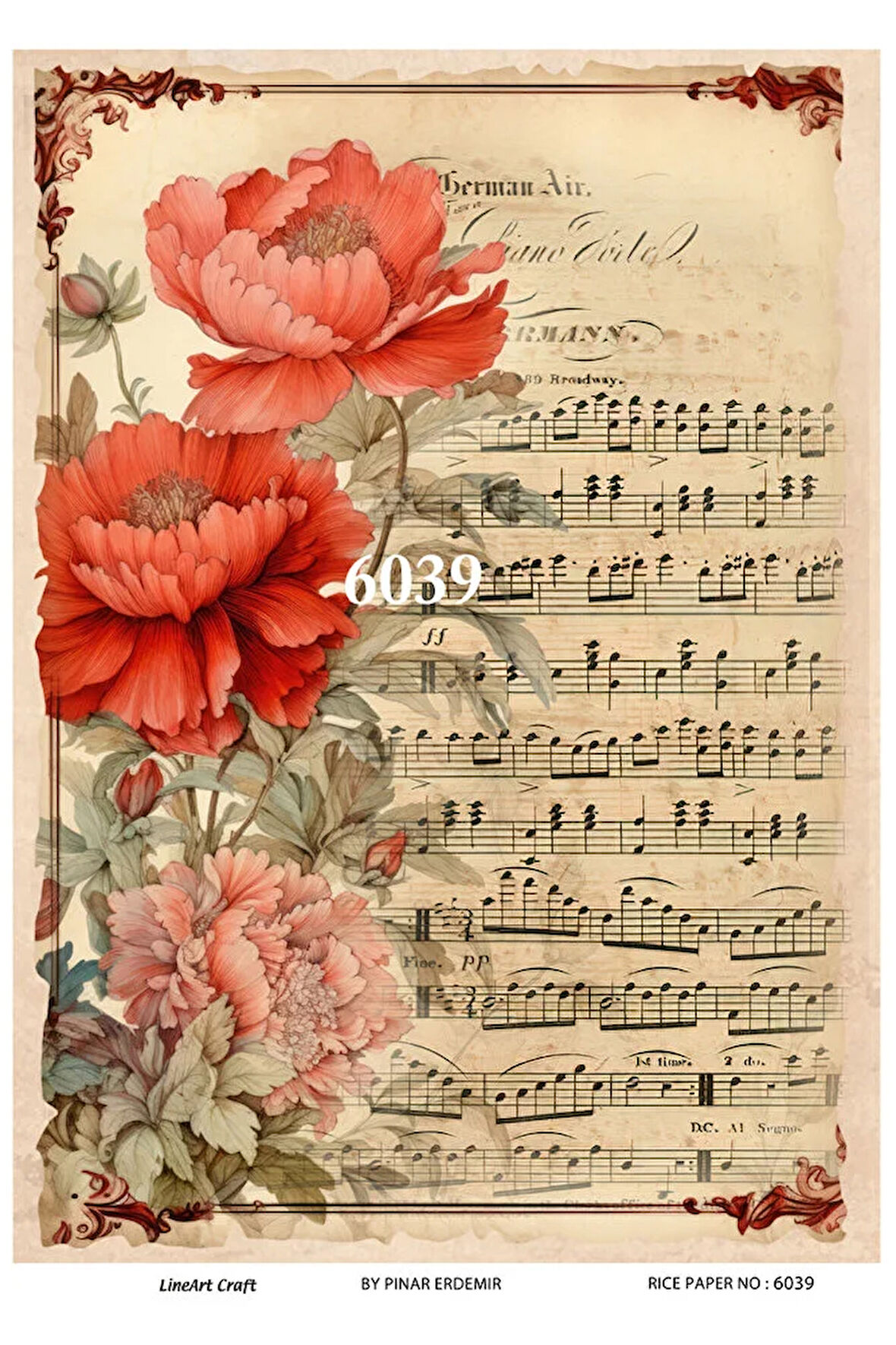 6039 Gelincik ve Nota Desenli Pirinç Dekopaj 30x42