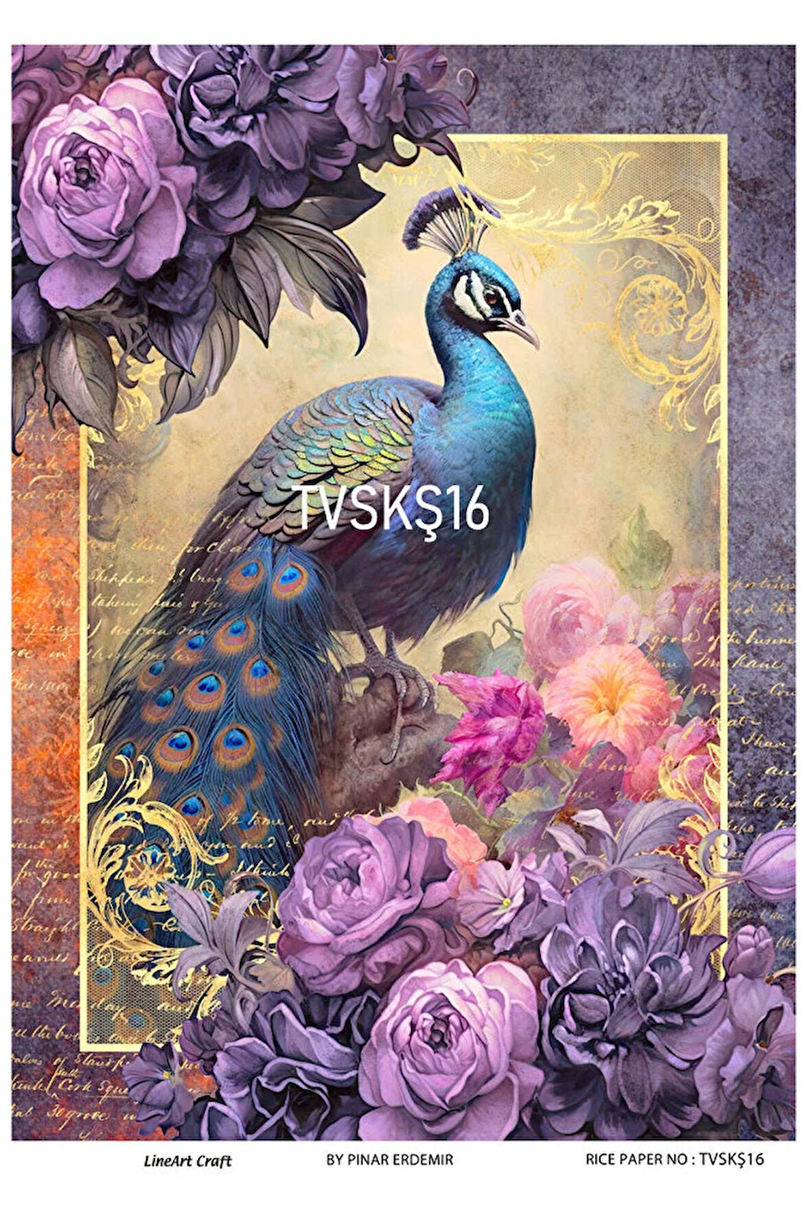 Tavuskuşu Serisi TVSKŞ16 Renkli,Tavuskuşu,  Desenli Pirinç Dekopaj 30x42