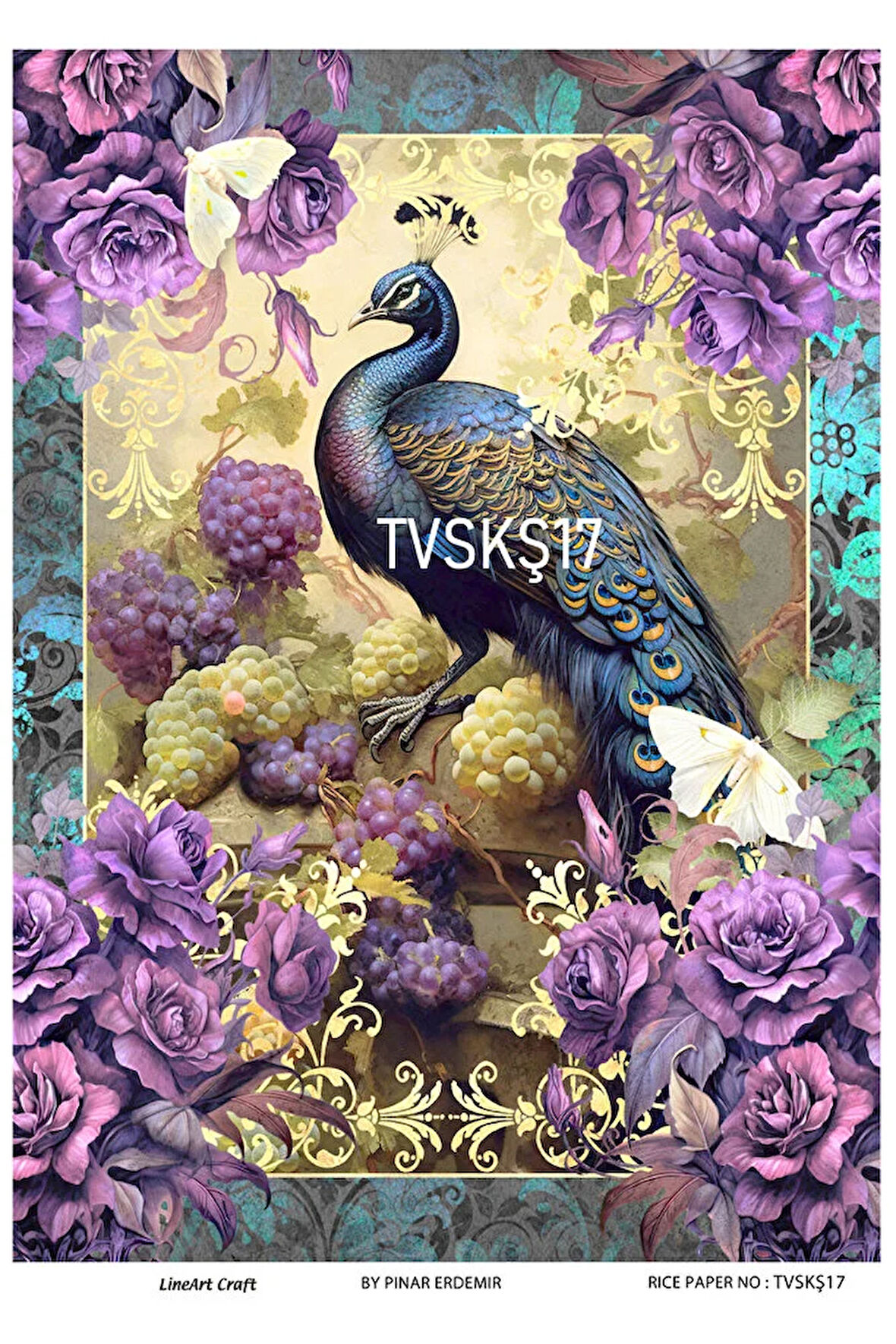 Tavuskuşu Serisi TVSKŞ17 Renkli,Tavuskuşu,  Desenli Pirinç Dekopaj 30x42