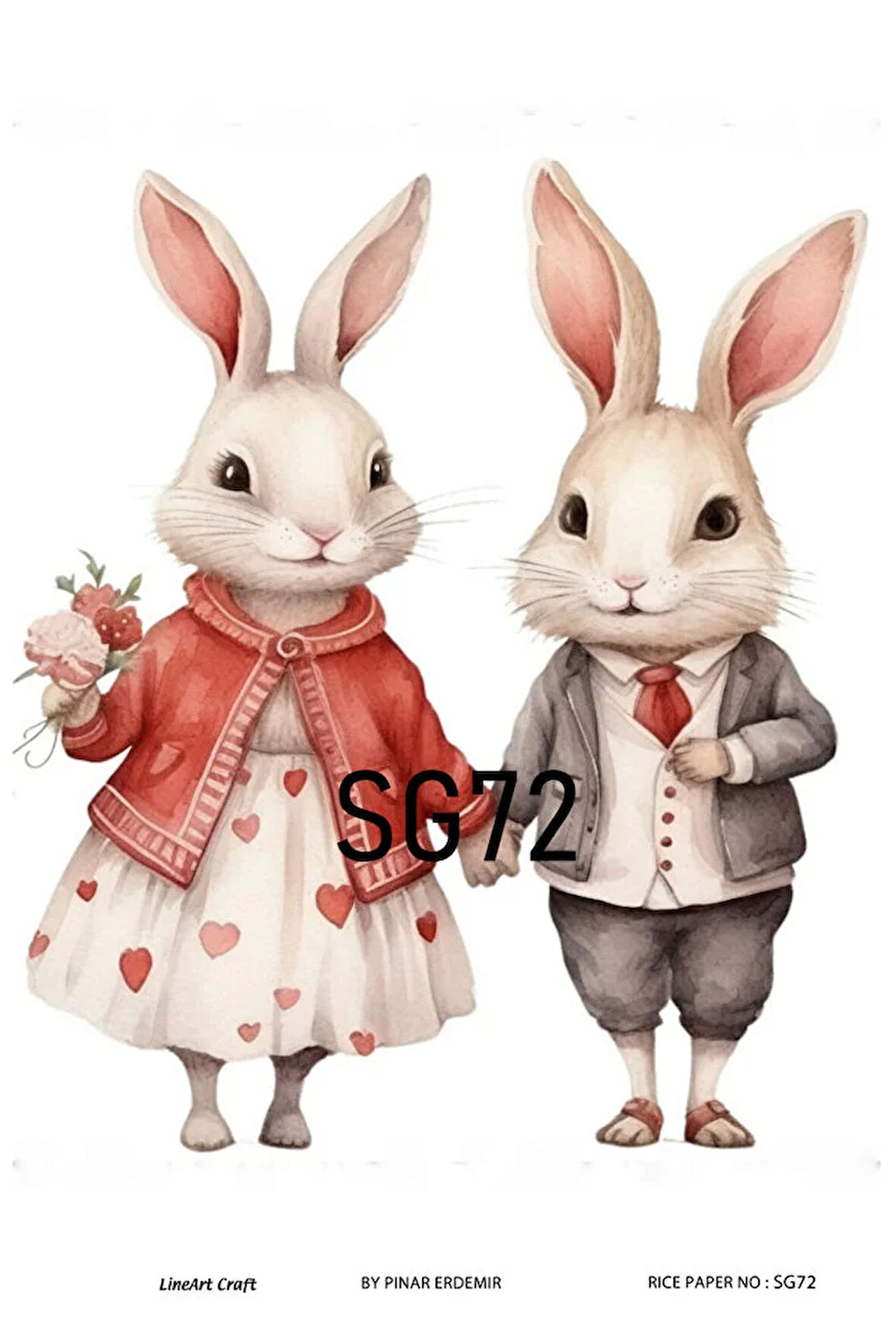 Sevgililer Günü Serisi SG72 Çiçekler, Kalp, Tavşanlar Pirinç Dekopaj 30x42