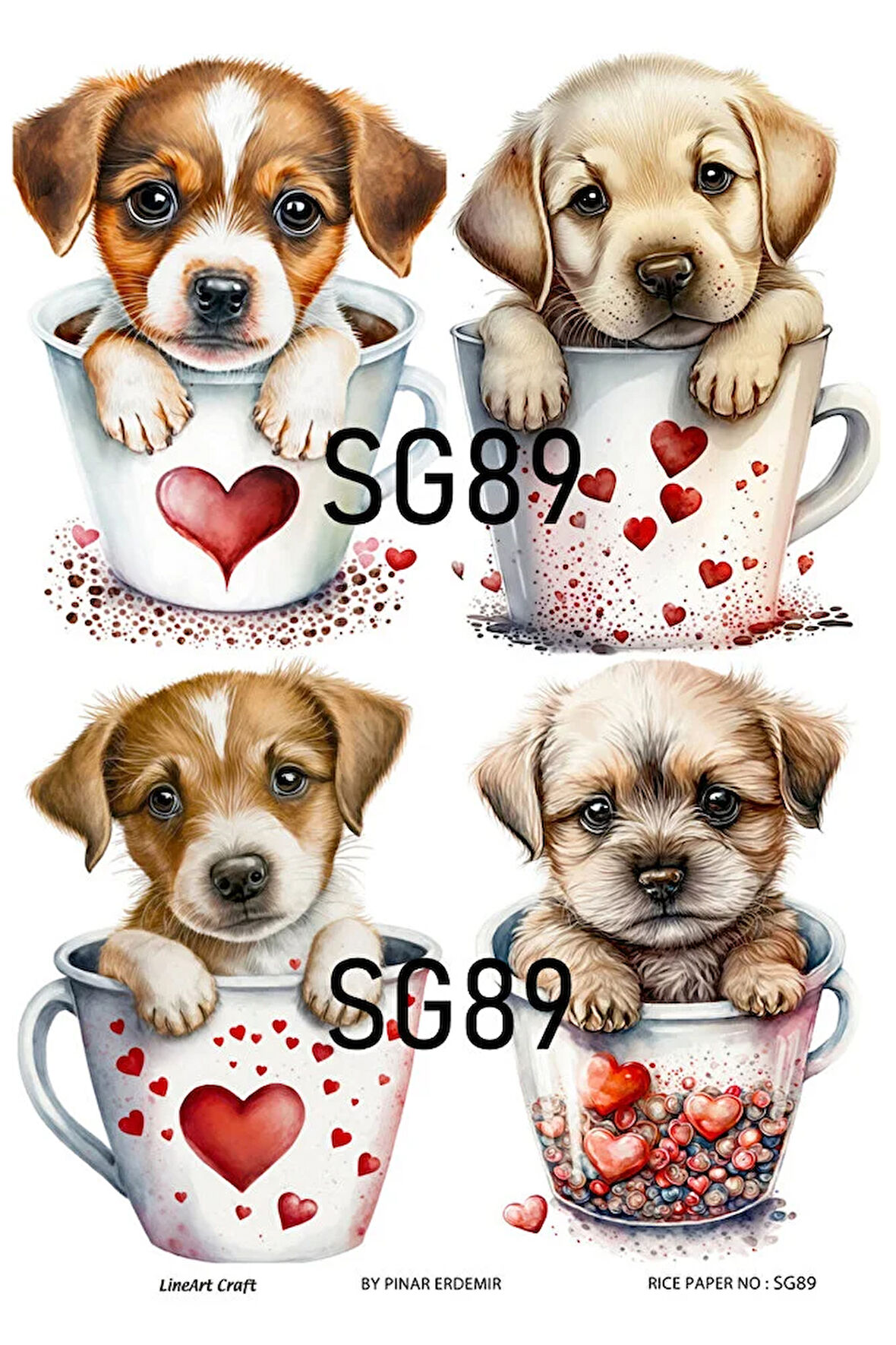 Sevgililer Günü Serisi SG89 Fincanda Köpekler Pirinç Dekopaj 30x42