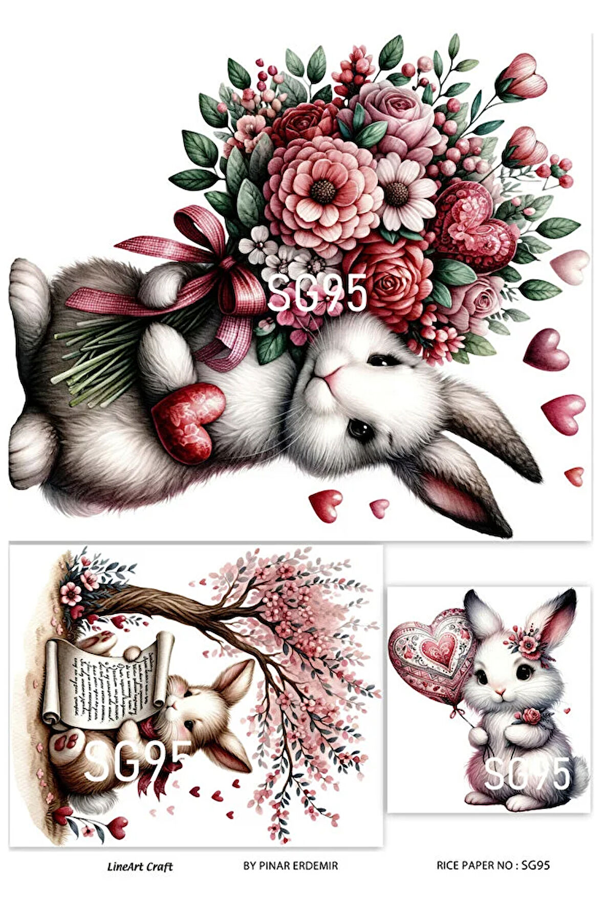 Sevgililer Günü Serisi SG95 Tavşan, Çiçekler, Paskalya Pirinç Dekopaj 30x42