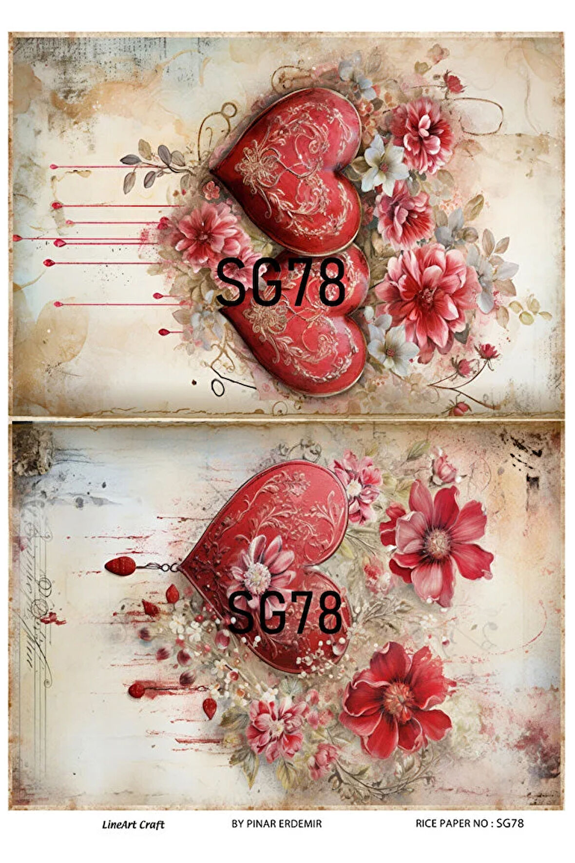 Sevgililer Günü Serisi SG78 Çiçekler, Kalp, Tavşanlar Pirinç Dekopaj 30x42
