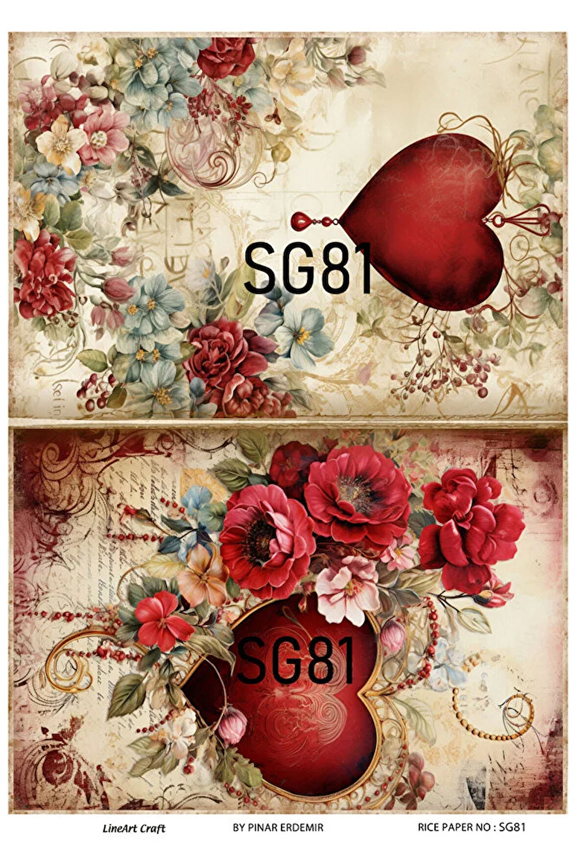 Sevgililer Günü Serisi SG81 Çiçekler, Kalp, Tavşanlar Pirinç Dekopaj 30x42