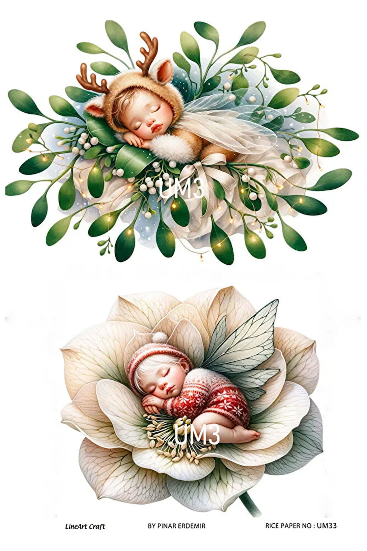 Uyuyan Melek Serisi UM33 Bebekler, Çiçekler Pirinç Dekopaj 30x42