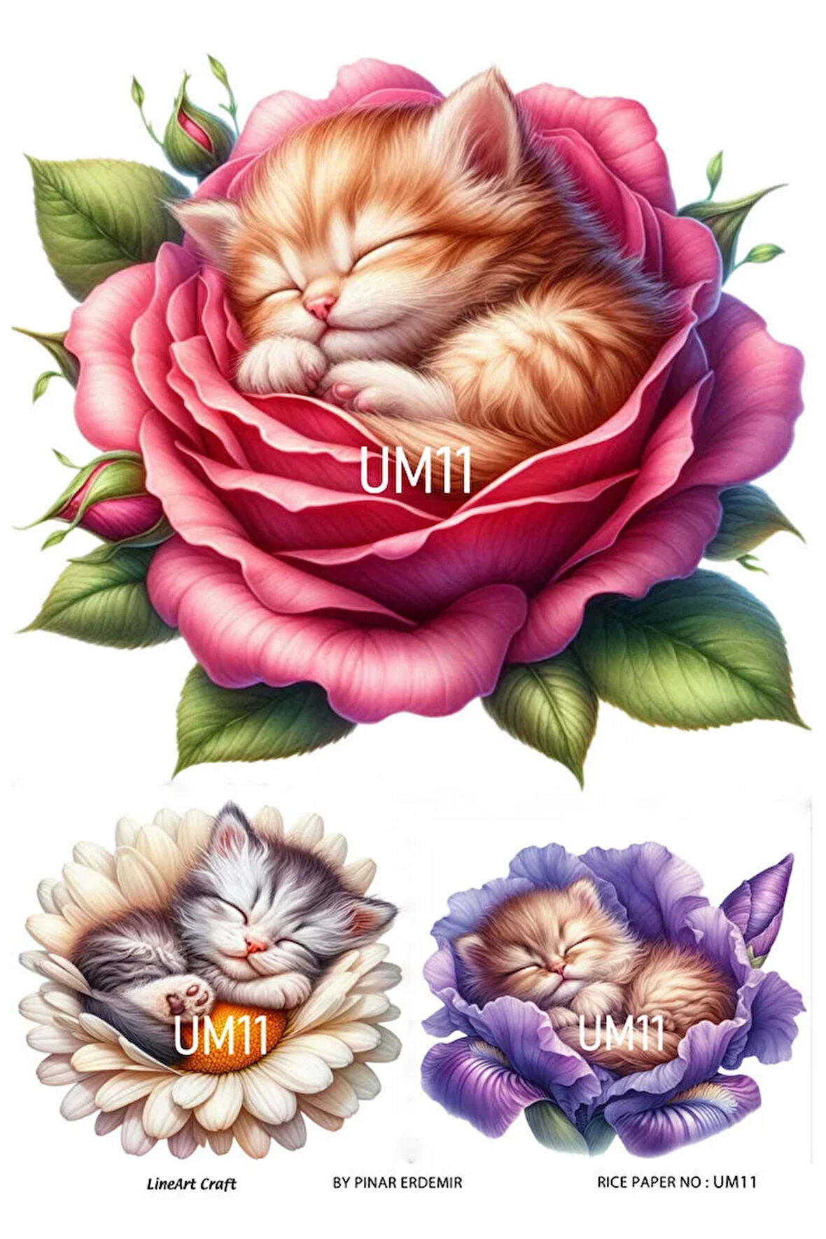 Uyuyan Melek Serisi UM11 Kediler, Çiçekler Pirinç Dekopaj 30x42